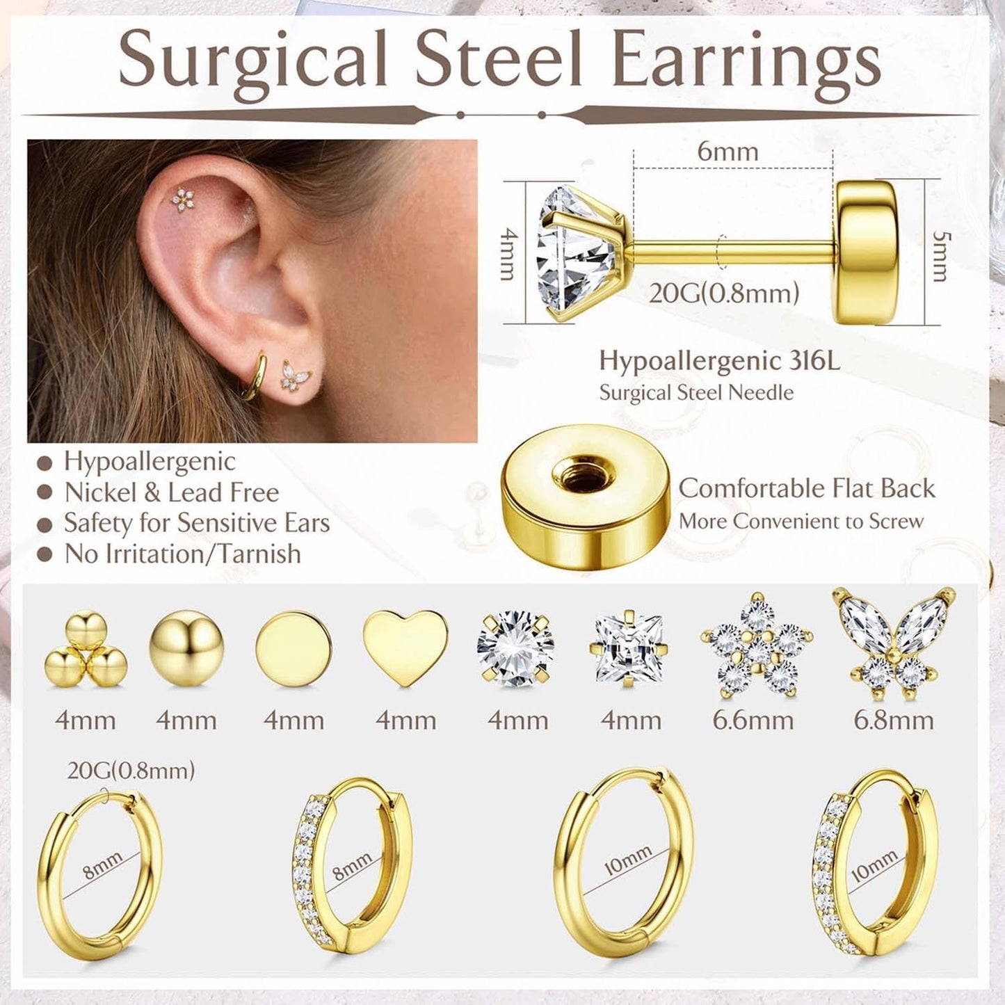 Jstyle Surgical Steel Earrings for Sensitive Ears 14K Gold Flat Back Earrings for Women Men Small Stainless Steel Earrings