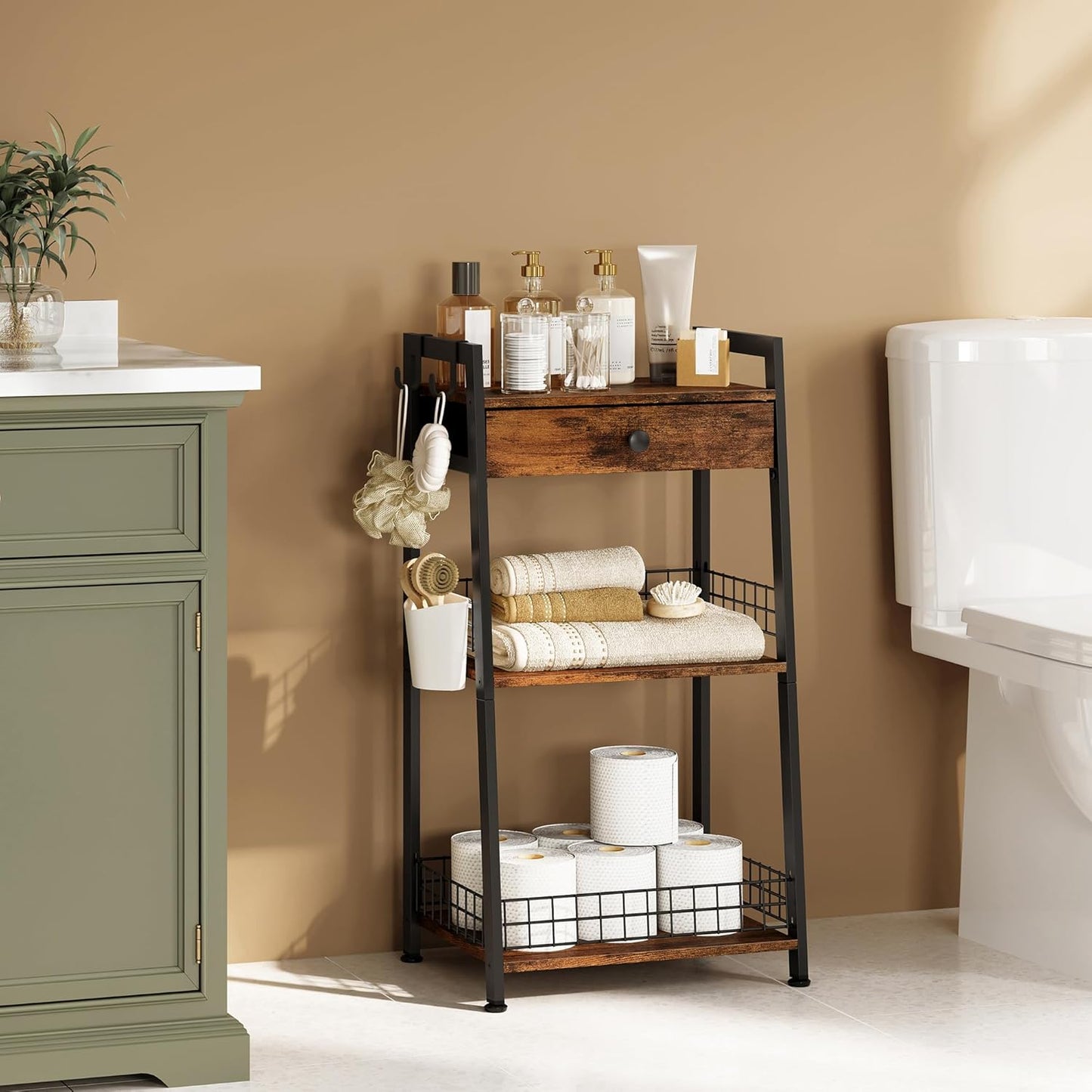 3-Tier Bathroom Ladder Shelf with Drawer, Bathroom Stand Floor Storage Shelf