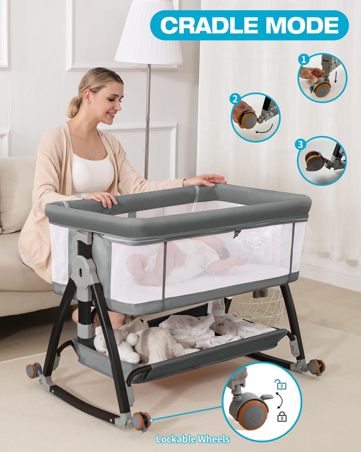 Bassinet Bedside Sleeper with Wheels, Breathable Mesh Bedside Bassinet for Baby, Mosquito Net, Storage Basket
