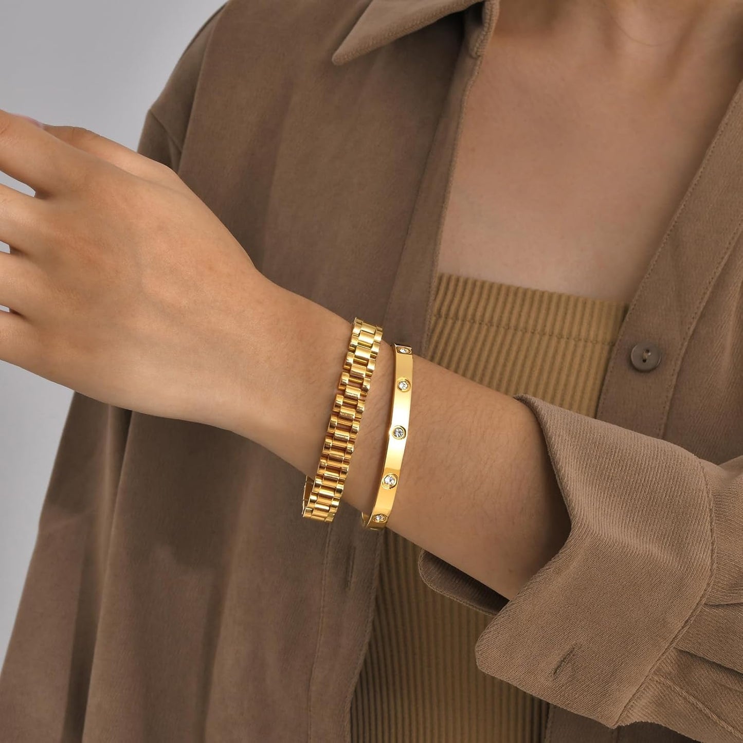 2pcs Gold Chain Link Bracelet, Stainless Steel Crystal Friendship Bracelets Bangle,Watch Band Chains Wristband