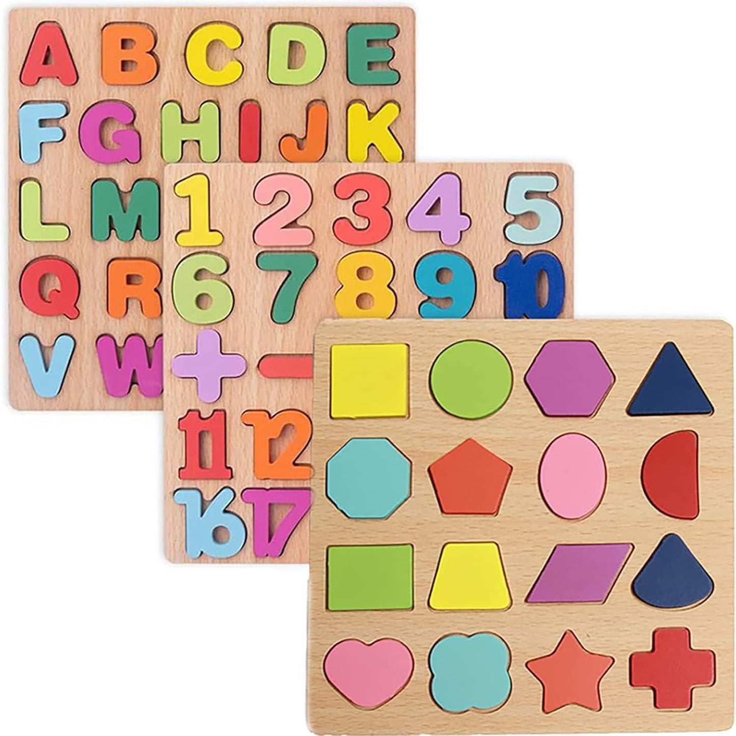 OMOMMD Wooden Puzzles for Toddlers, 3pack Alphabet Shape Puzzles for Kids 3 Wooden Montessori Toddler Alphabet Number Shape for Kids 3 Years Old Boys & Girls
