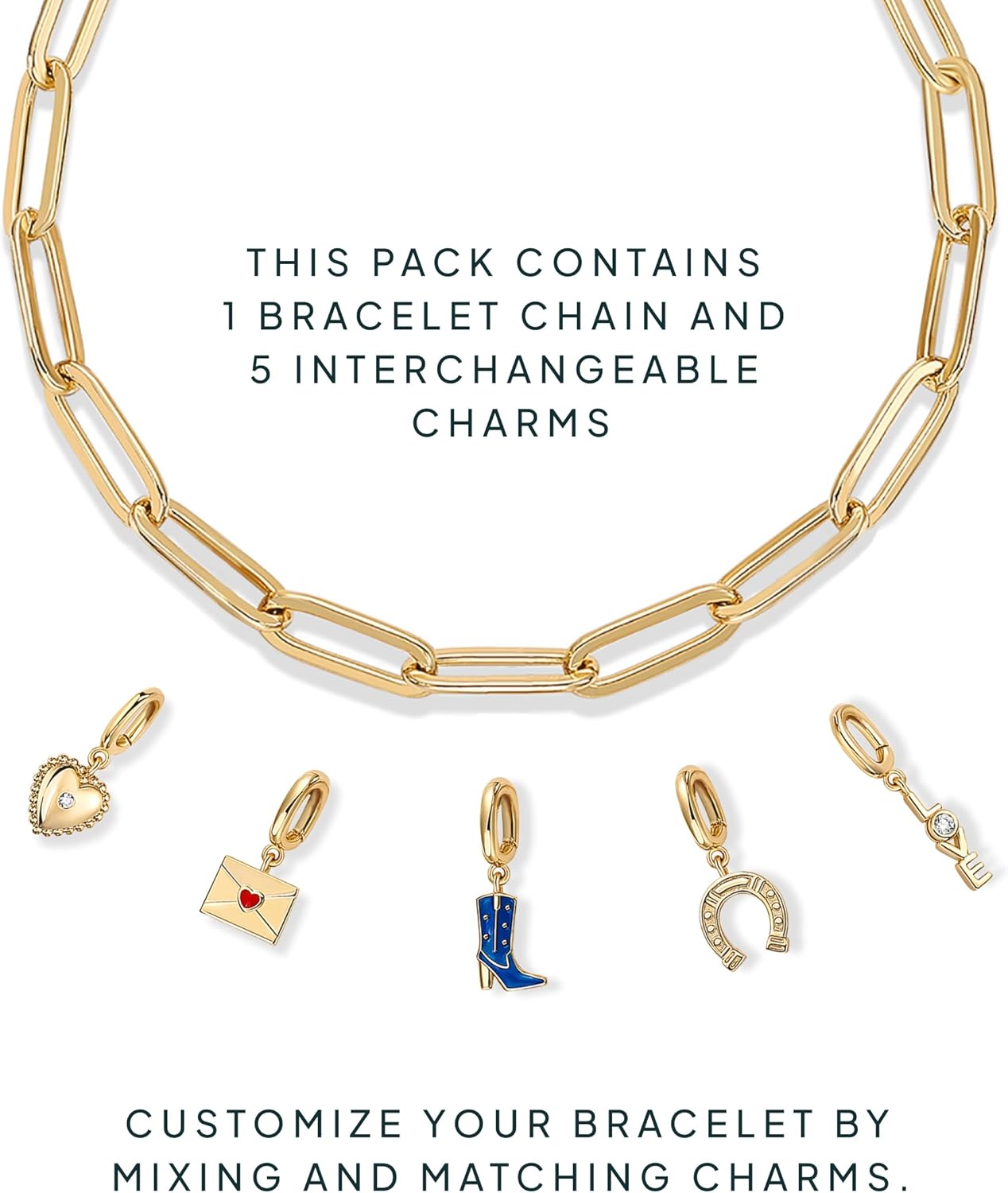 14K Gold Plated Adjustable Bracelet for Women | Twisted Bar & Paperclip Charm Chain Bracelets with Moon, Evil Eye