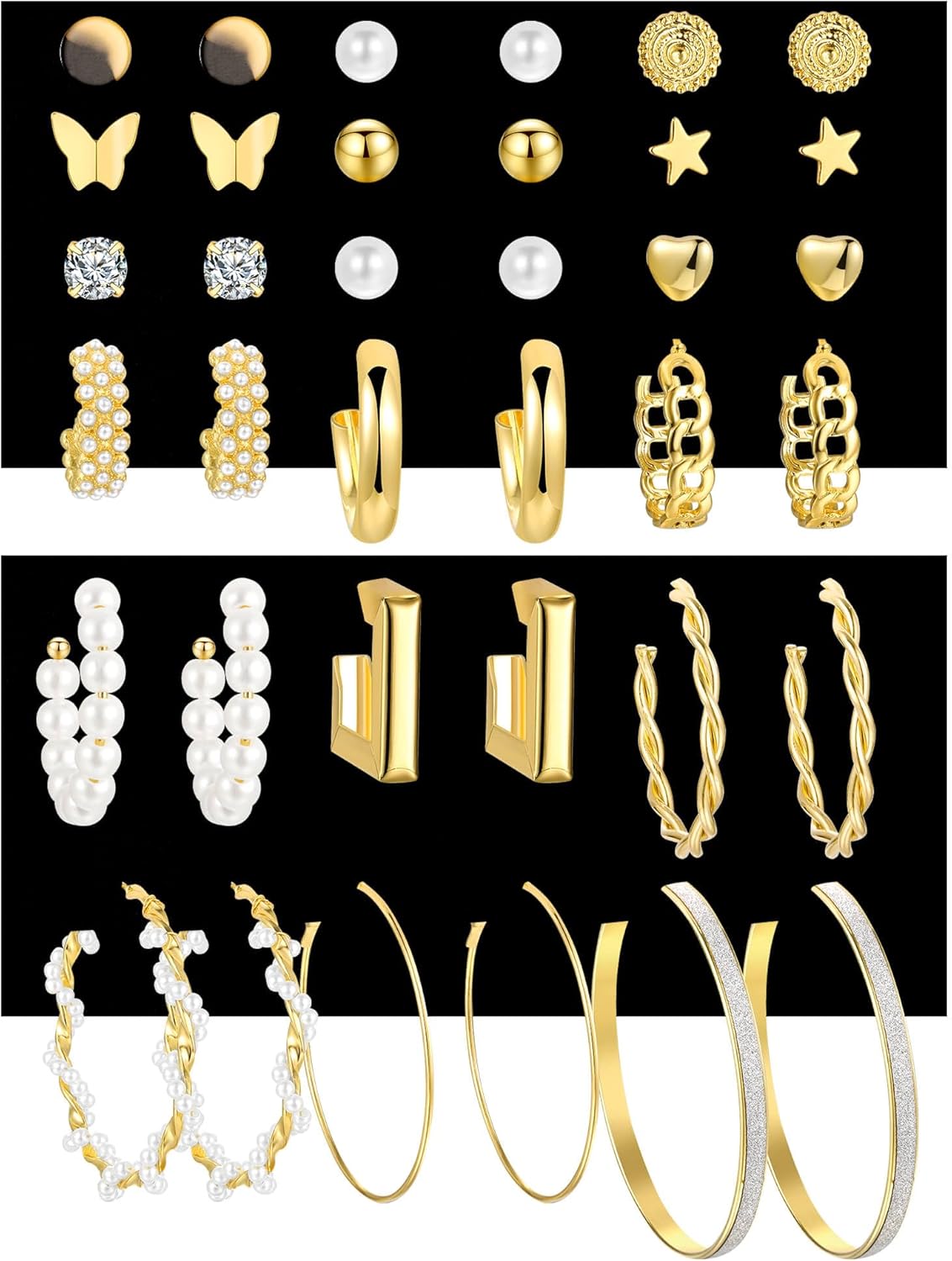 Gold Hoop Earrings Set for Women, 12 Pairs Large/Big Thin Thick Gold Hoops Earrings Loop Pack for Jewelry Gift 40mm/50mm