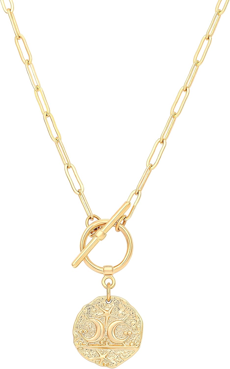 "18K Gold Plated Pendant Necklace, Moon Star Lion Evil Eye Heart Cross Charms, Paperclip Chain Choker, Dainty Layering Jewelry for Women"