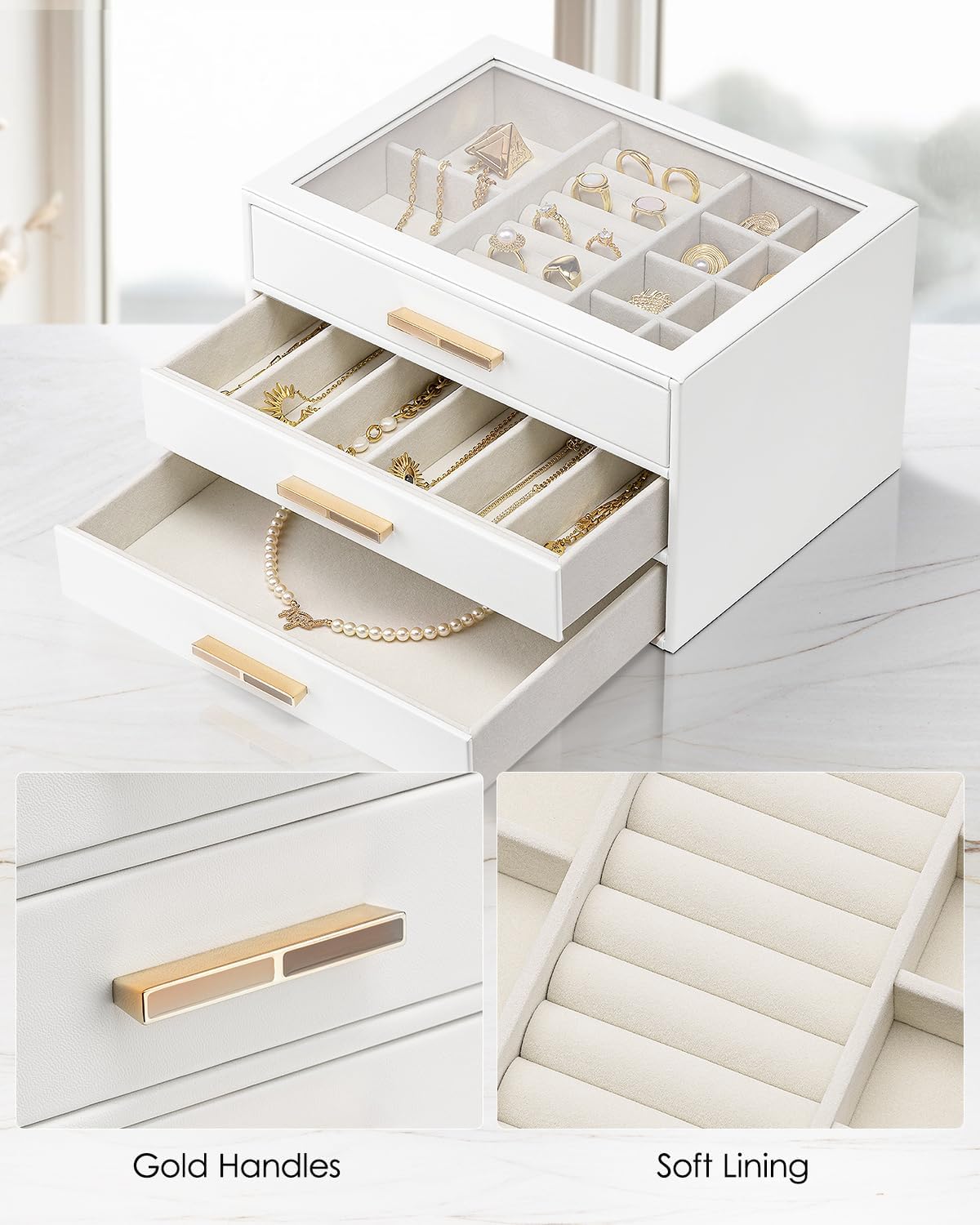 Jewelry Box for Women, Glass Lid Jewelry Organizer with 3 Drawers for Necklaces Rings Earrings Bracelets-White
