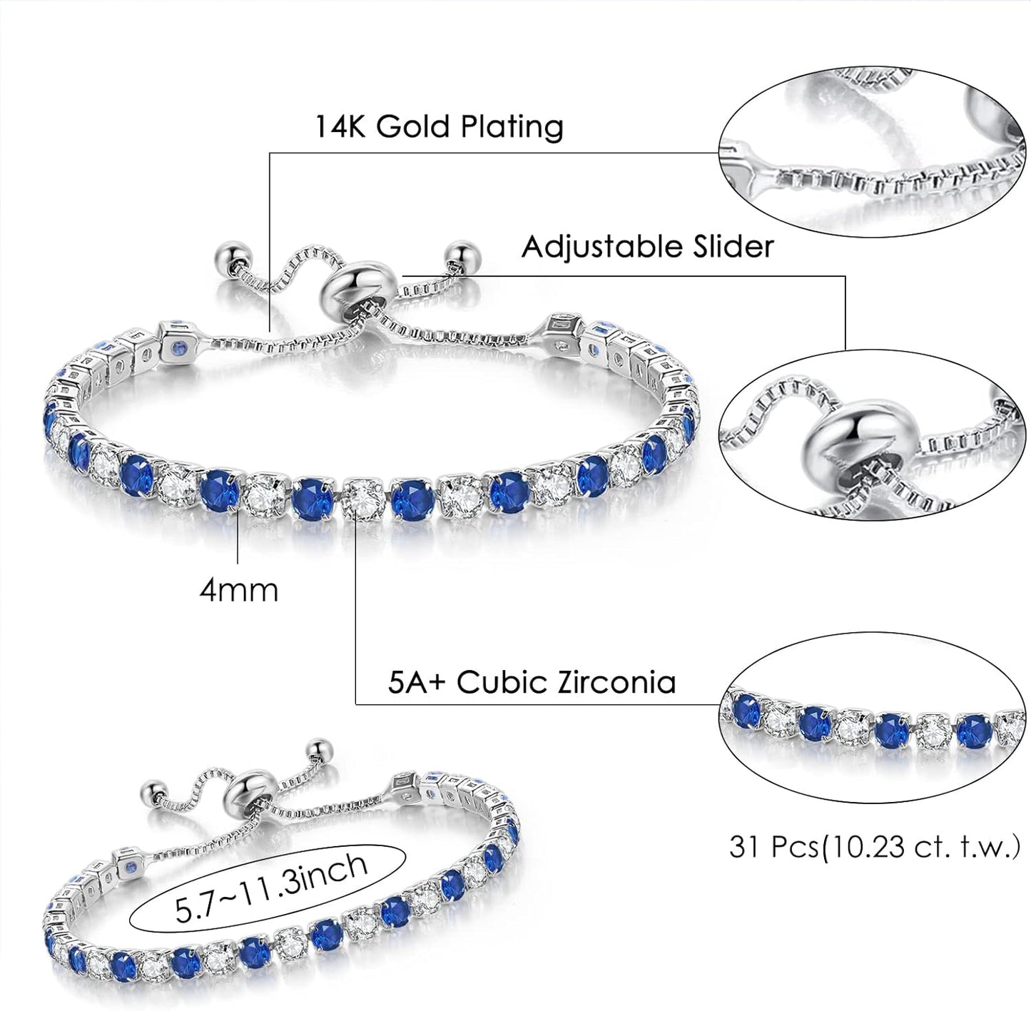 Tennis Bracelets for Women White Gold Plated Diamond AAA+ Cubic Zirconia CZ Dainty Classic Adjustable Slider