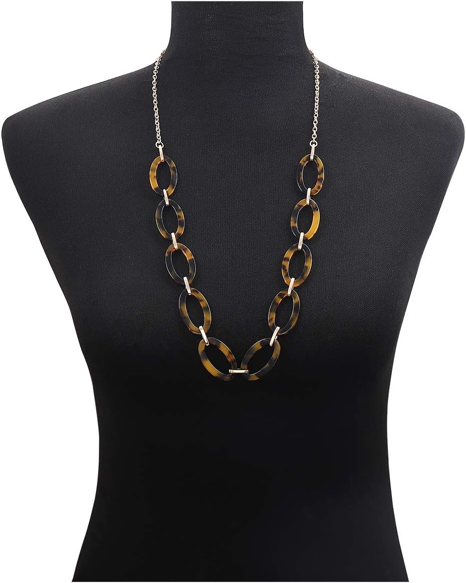 for Women: Leopard & Tortoise Print Acetate Collar Necklace with Metal Oval Resin Chain