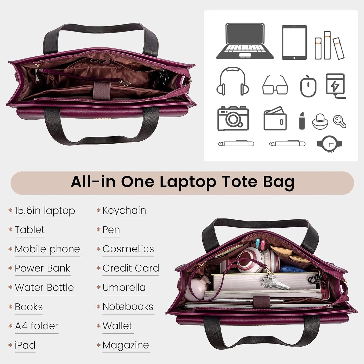 for Women 15.6 Inch Tote Work Professional Leather Computer Briefcase Waterproof Handbag Shoulder Large