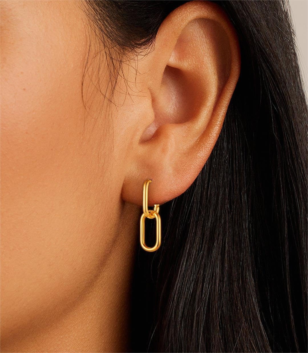 Gold Earrings for Women Trendy, Simple Dainty 14K Gold Plated Paperclip Square Chain Link Dangle Pin Stud Huggie Earrings Lightweight