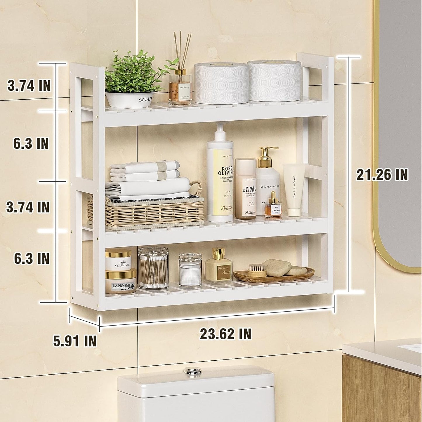 Bathroom Shelves Over Toilet Storage - 3 Tier Wall Mounted Bamboo Bathroom Shelf Organizer