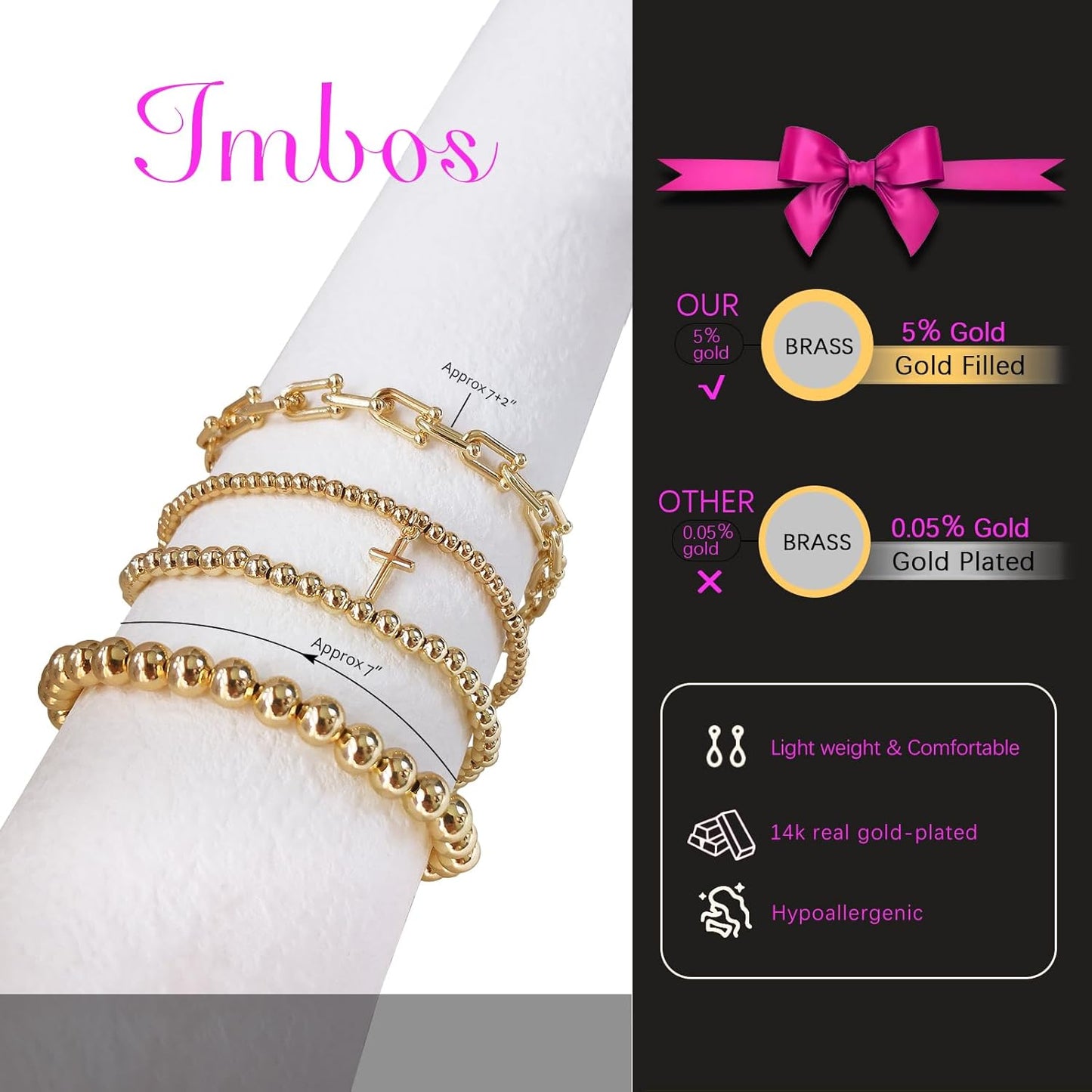Gold Bracelets for Women 14K Gold Plated Cross Bracelet Strand Bead Ball Bracelets stack Set Chunky Chain Bracelet Trendy