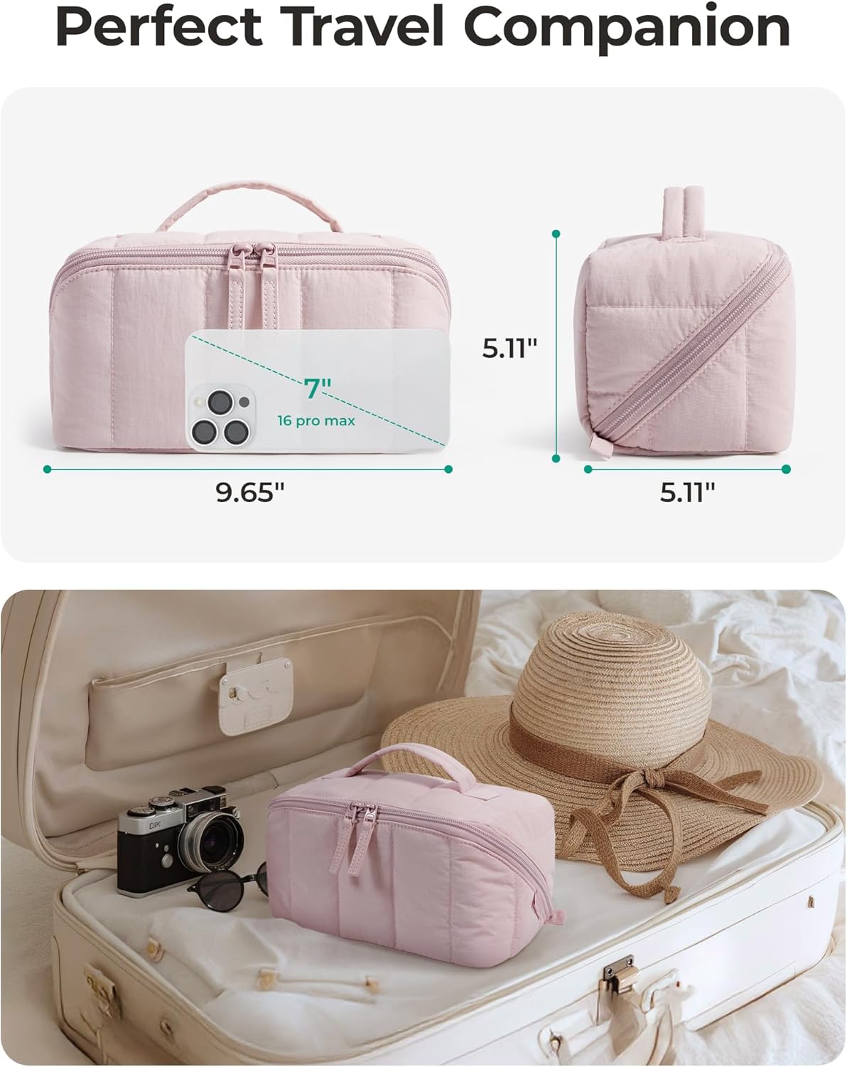 Travel Makeup Bag for Women, Portable Water-resistant Cosmetic Case, Puffy Padded Make Up Organizer Pouch, Open Flat Toiletry Bag for Toiletries, Brushes, Pink