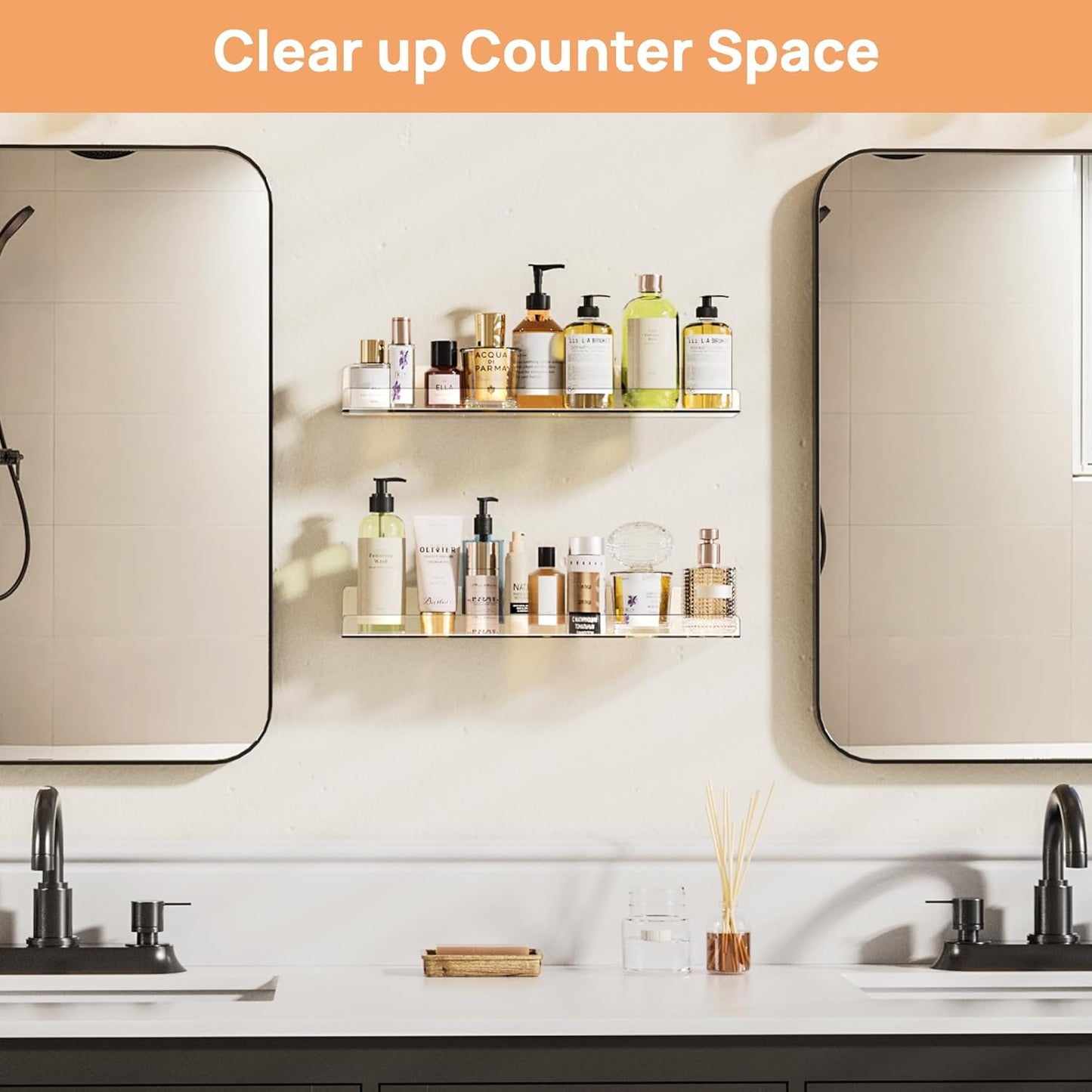 Acrylic Shelves for Bathroom Storage, 15" Floating Shelves Wall Organizer, 2 Pack