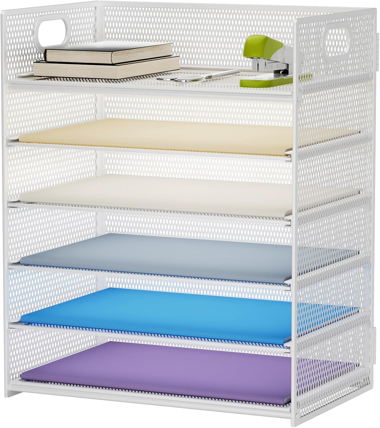 6 Tier Paper Organizer Letter Tray - Mesh Desk File Organizer with Handle