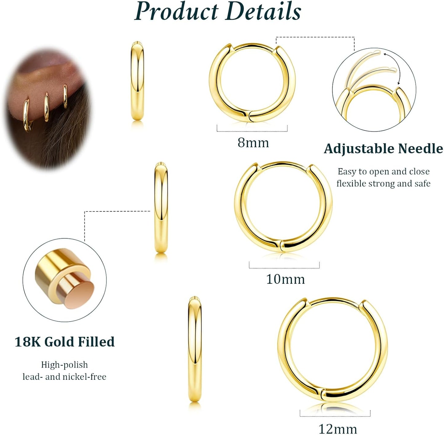 Small Sterling Silver Huggie Hoop Earrings Set for Women, 14K Gold Plated Hoops Stacks for Multiple Piercings