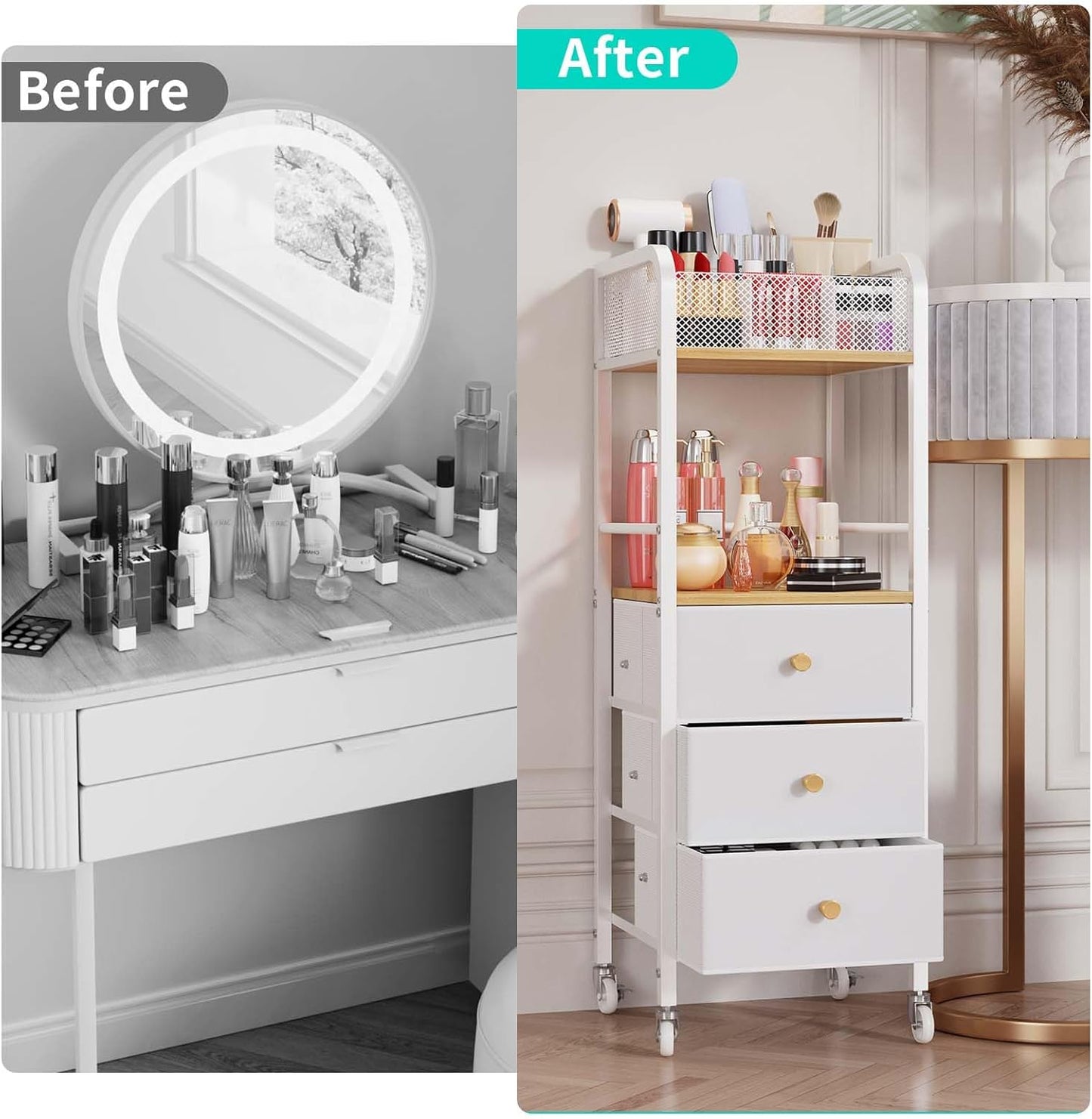Rolling Makeup Cart Organizer - Floor Skincare Make Up Storage with 3 Non-woven Fabric Drawers