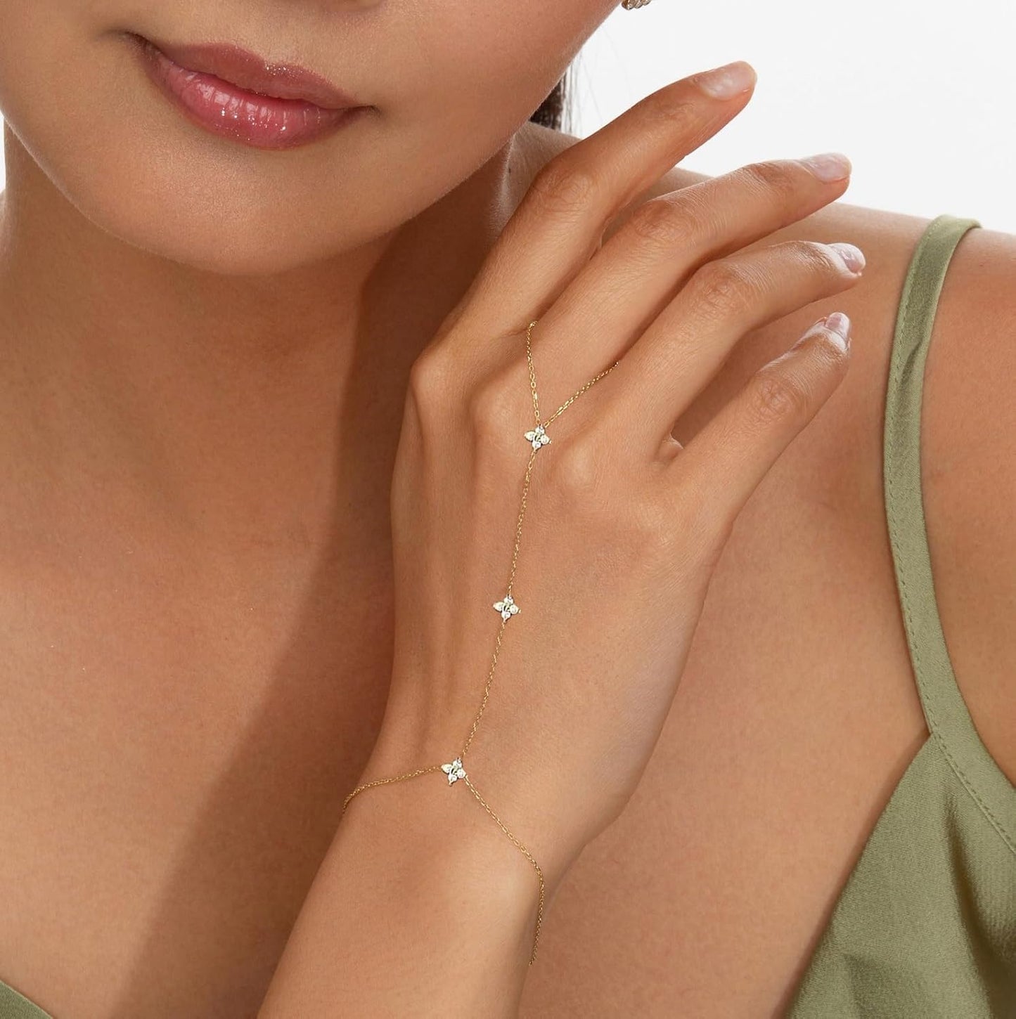 Bracelets for Women 14K Gold Silver Plated Ring Bracelet Hand Chain Dainty Evil Eye Heart Clover Daisy Cubic Zirconia