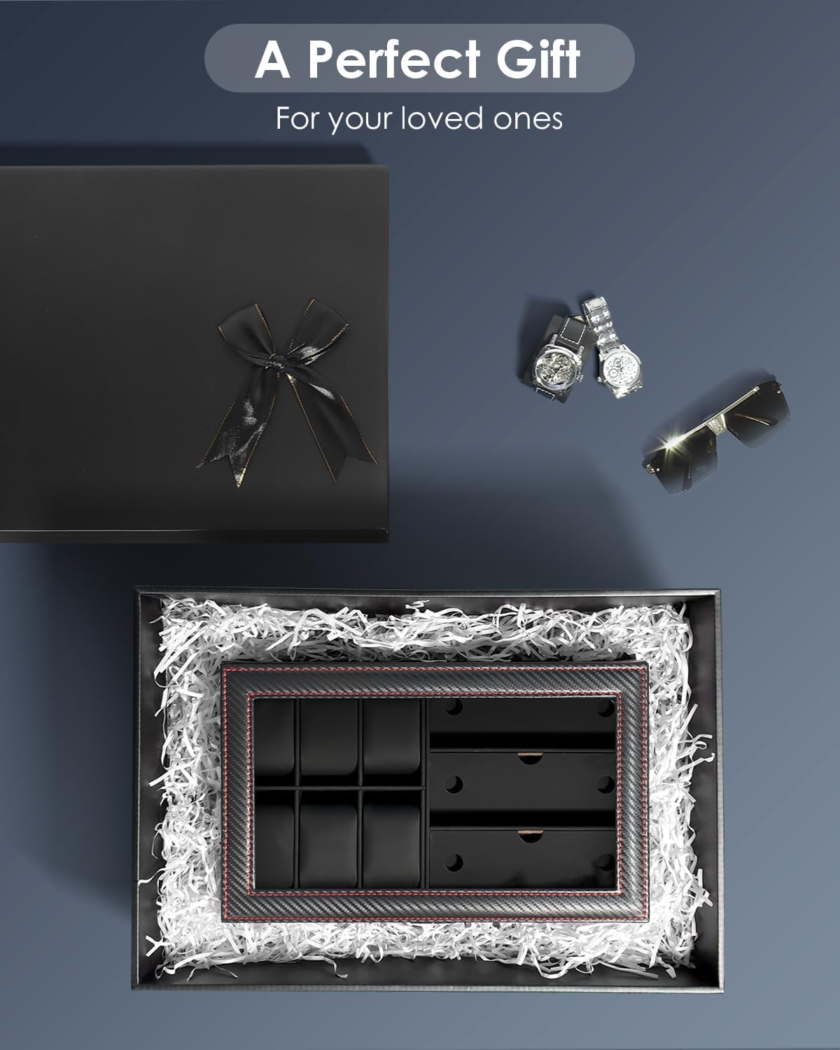 6-Slot 2-Layer Watch Case and Sunglasses Storage with Large Glass Lid, Men's Jewelry Box with Lock