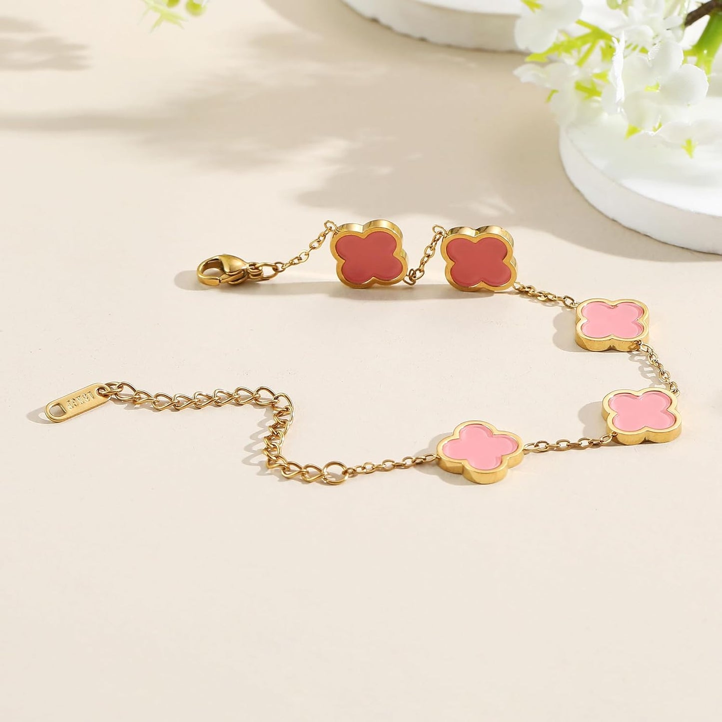 18K Gold Plated Clover Lucky Bracelet for Women White/Black/Red/Green Flower Four Leaf Link Bracelets