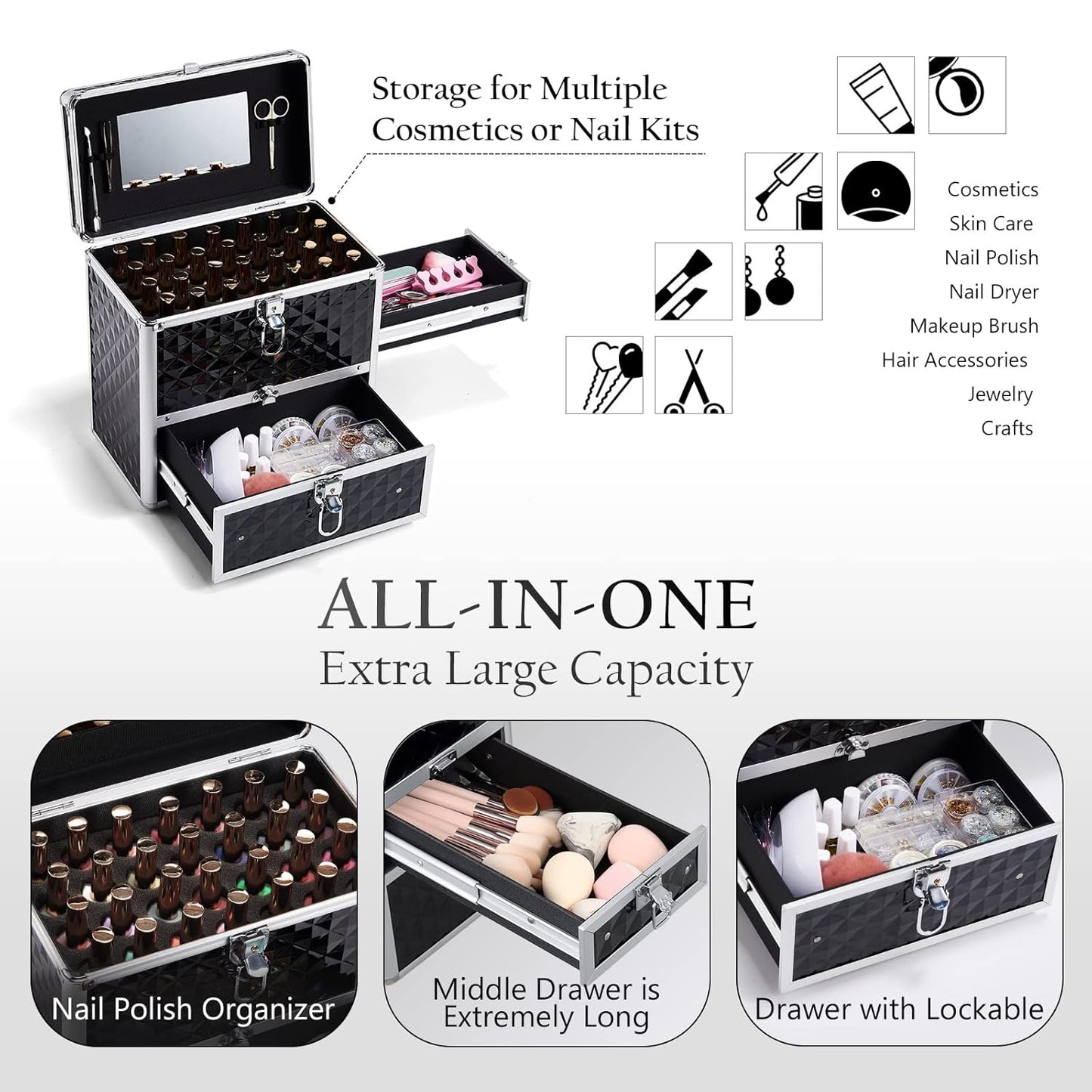 Nail Polish Makeup Case with Drawer and Dividers Manicure  Makeup Box With Mirror Lockable Keys Box