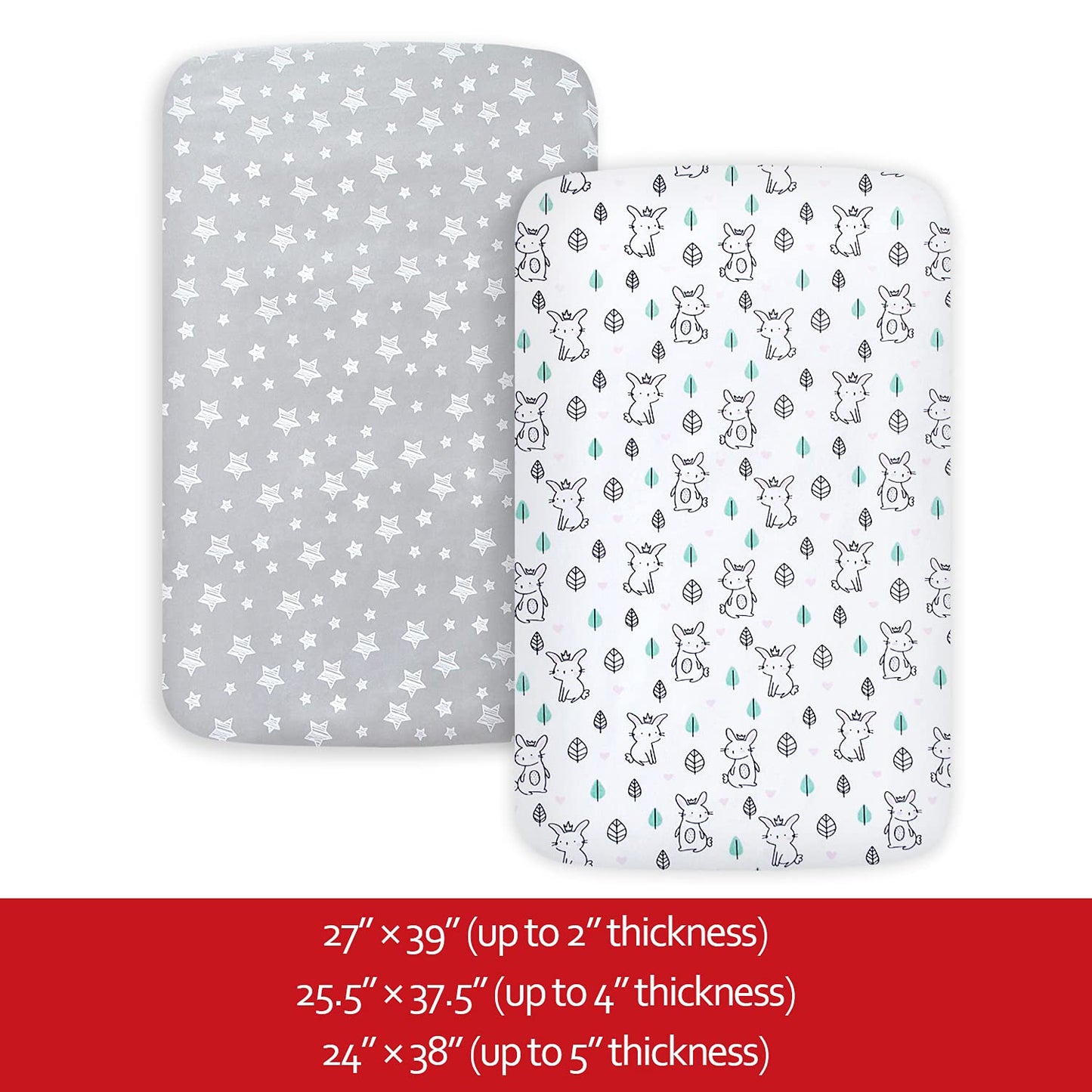 2 Pack Mini Crib Sheets, Stretchy Playard Fitted Sheet, Soft and Breathable Material, Stars & Bunny