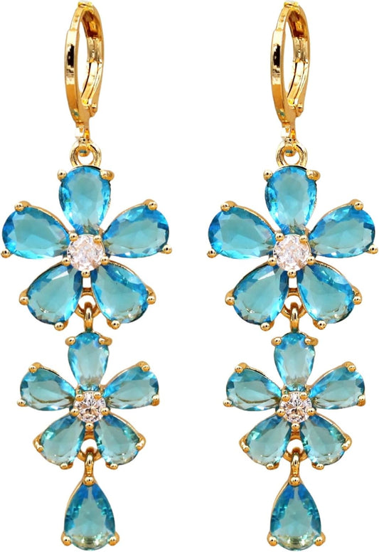 Vuskdtei18K Gold Plated Flower Dangle Earrings for Women, Hypoallergenic Cubic Zirconia Earrings, Elegant Chandelier Drop Earrings