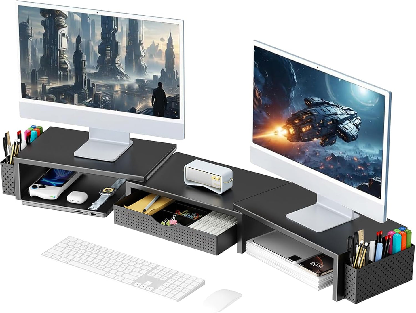 Dual Monitor Stand Riser, Desk Organizer With Drawer and 2 Pen Holders,Shelf for Top of Desk