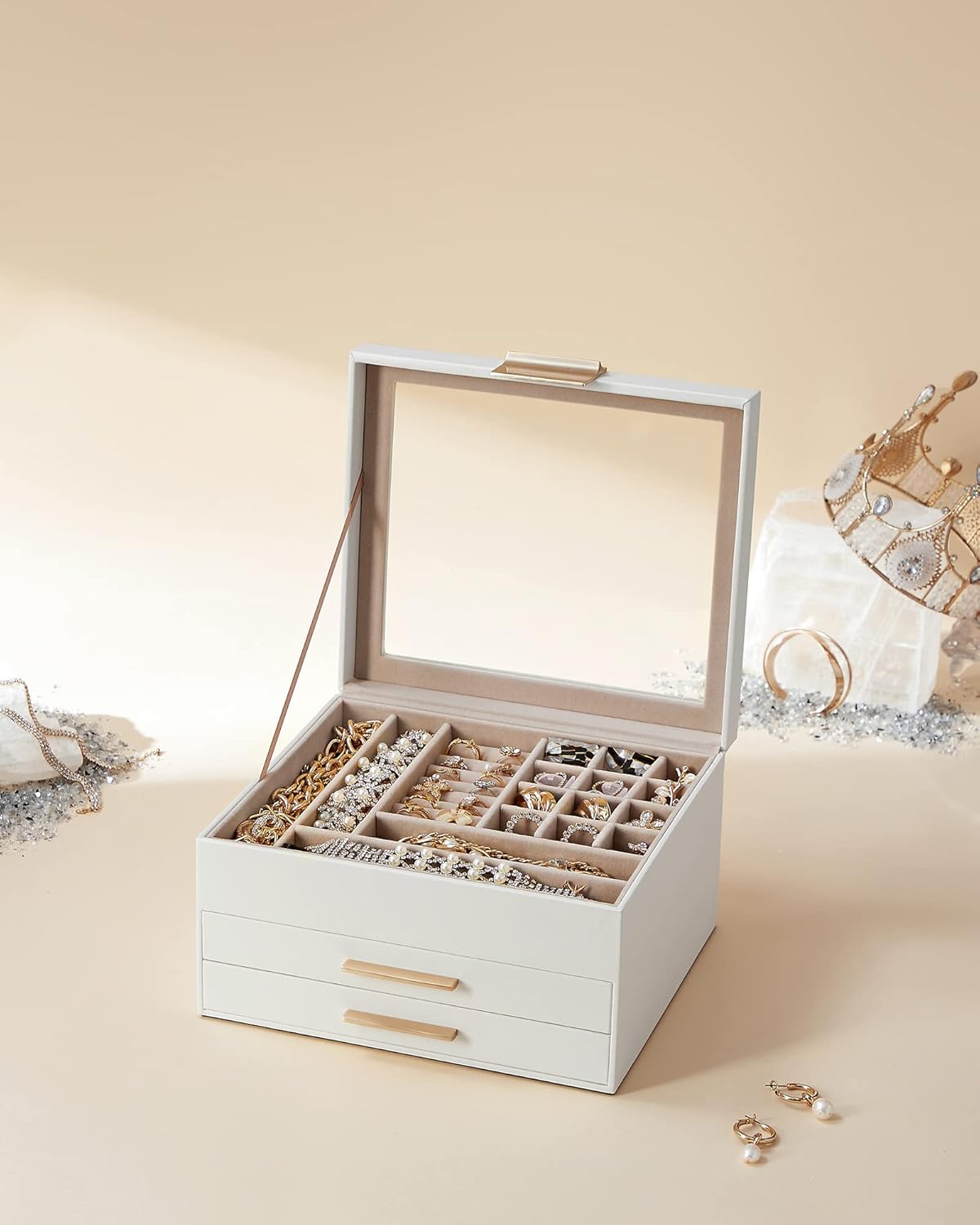 Jewelry Box Organizer with Glass Lid, 3-Layer Jewelry Storage, with 2 Drawers, Modern Style, Cloud White and Gold Color