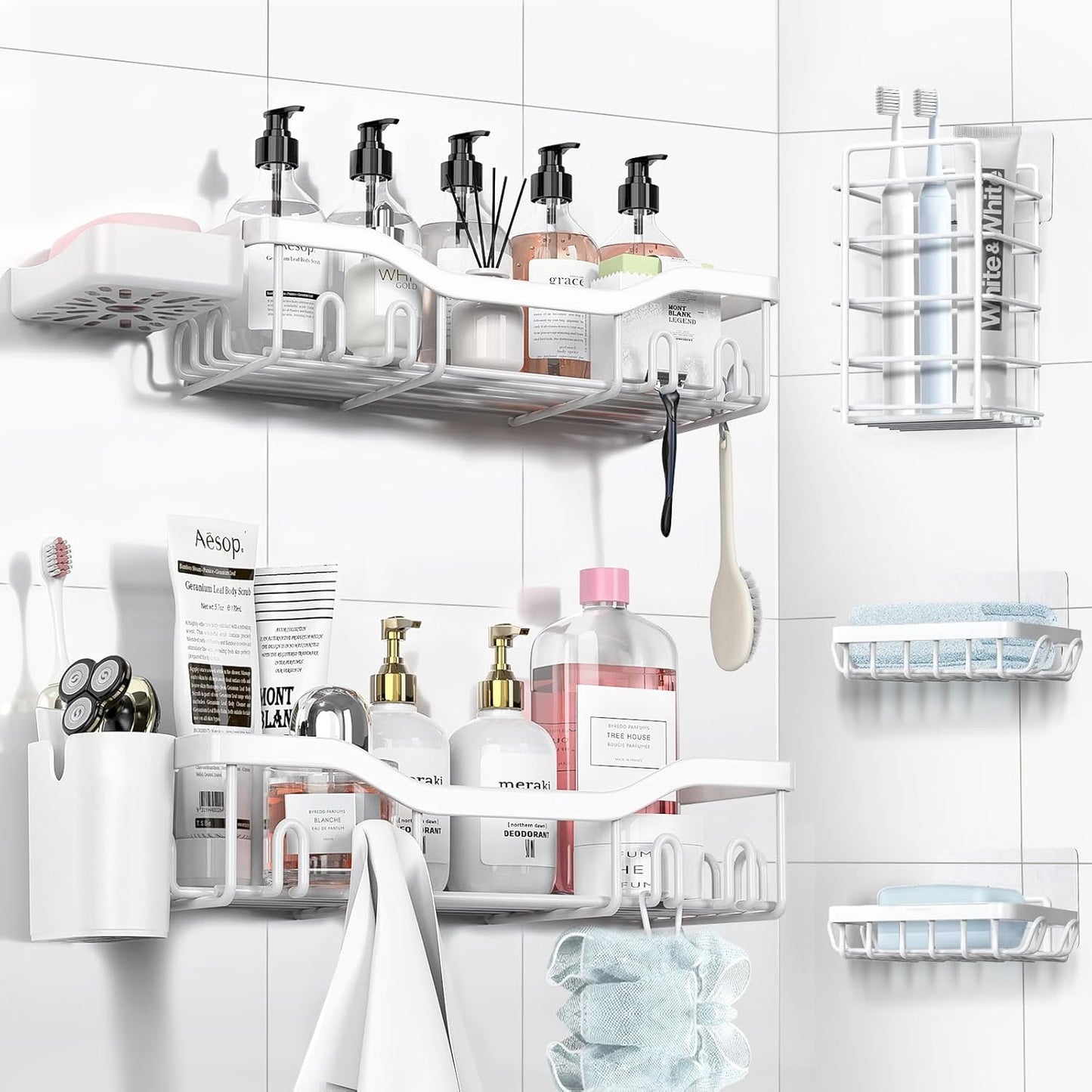 Shower Caddy Adhesive Shower Organizer 7-Pack, No-Drill Rack Storage Accessories