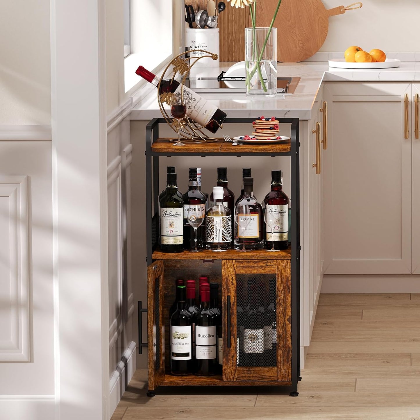 3-Tier Rolling Coffee Bar Table, Farmhouse Coffee Cart Station with 2 Doors for Living Room, Dining Room