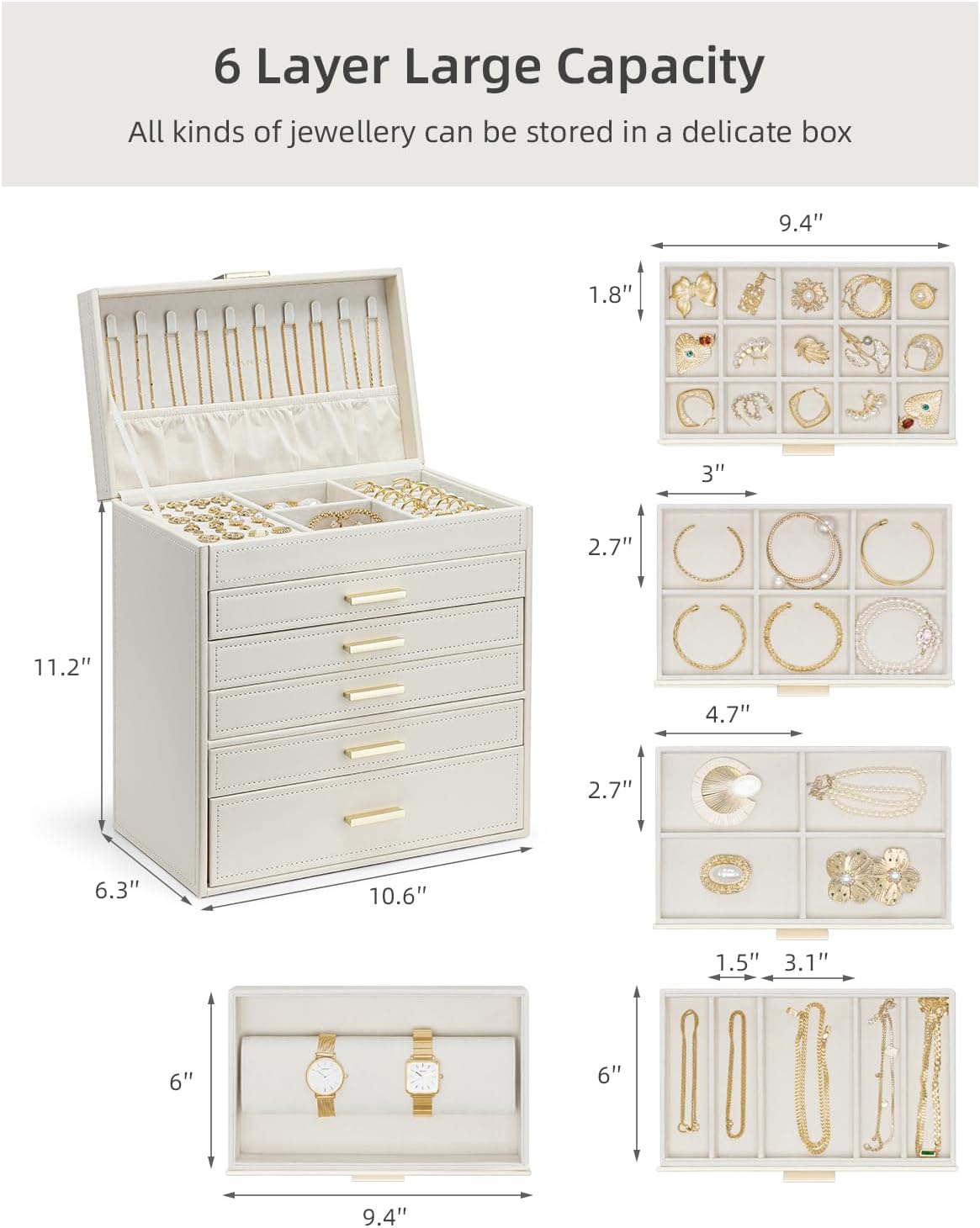 6 Layer Large Jewelry Box - Jewelry Box Organizer for Drawer Necklace Ring Bracelet and Watch