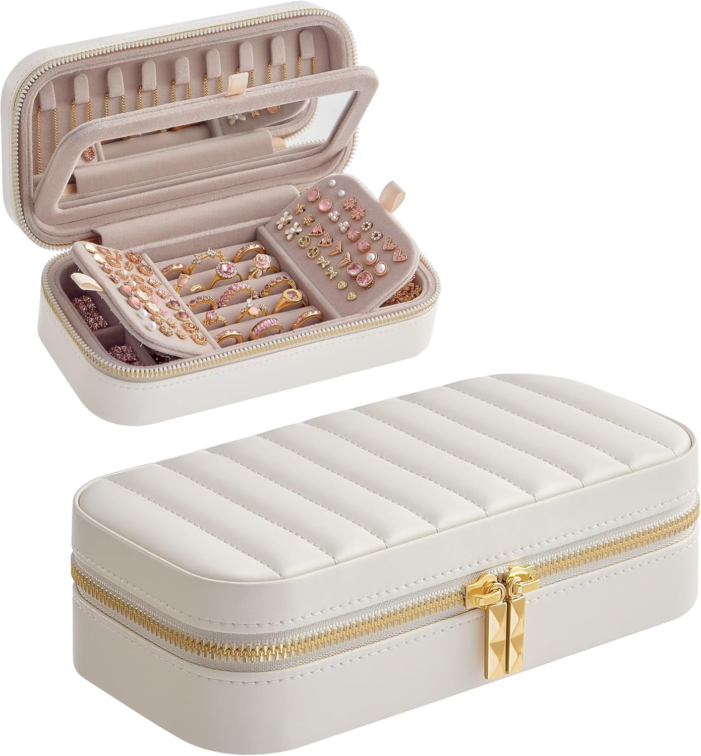 Travel Jewelry Case, Travel Jewelry Box Organizer with Mirror, Stitching, Portable