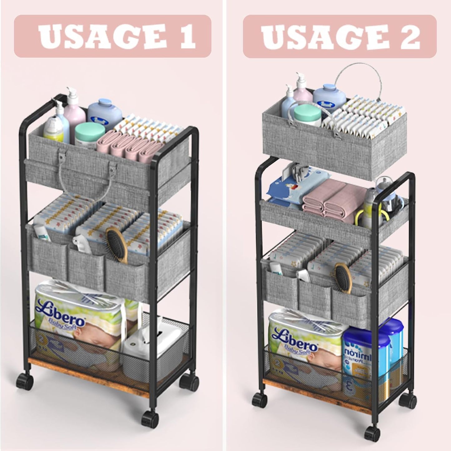 2In1  Diaper Caddy & 3-Tier Rolling Diaper Cart, Diaper Caddy Organizer Cart with Dividers,Utility Cart