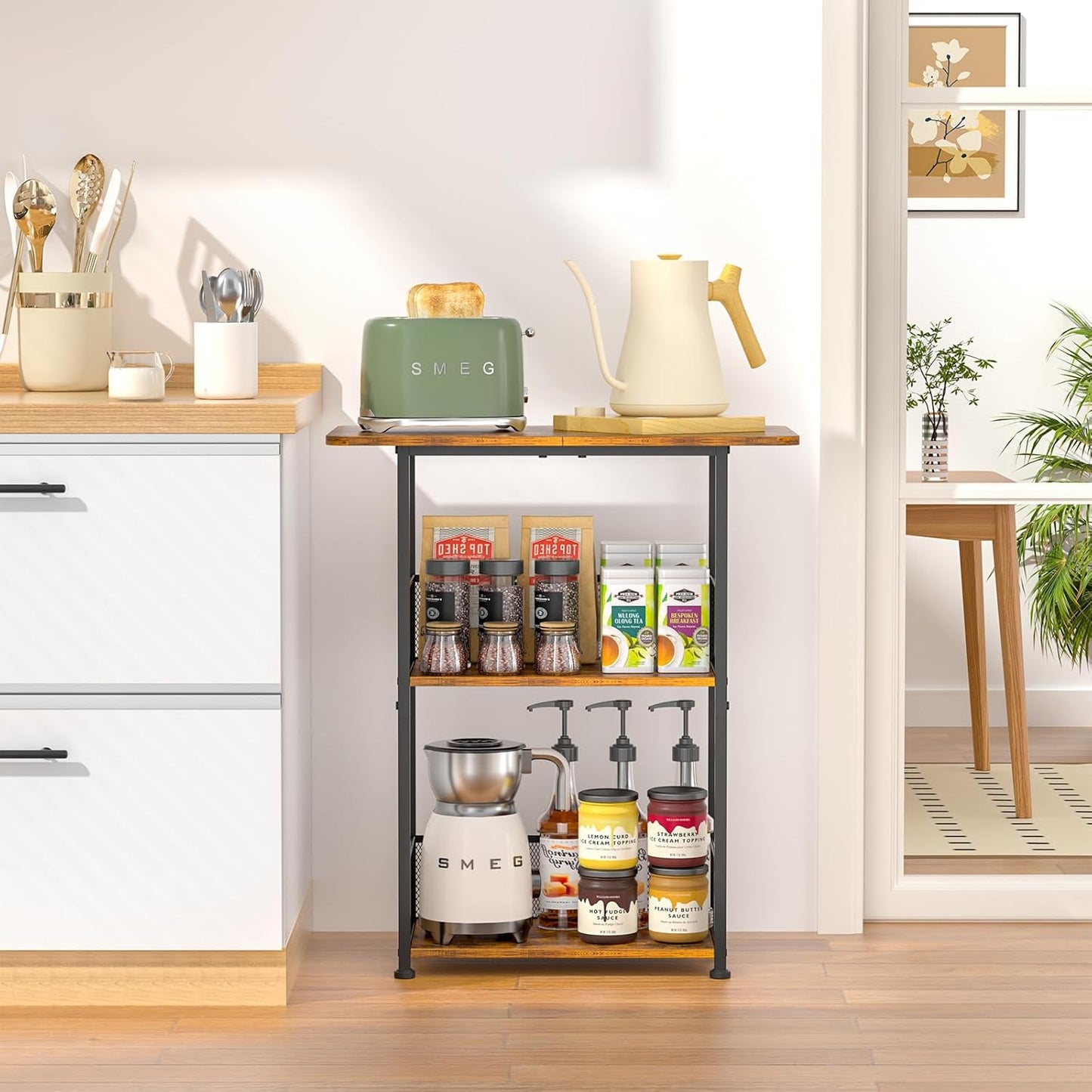 Mini Floor Standing Coffee Bar Shelf,3-Tier Small Coffee Table,Corner Farmhouse Coffee Bar Cabinet;Dining Room