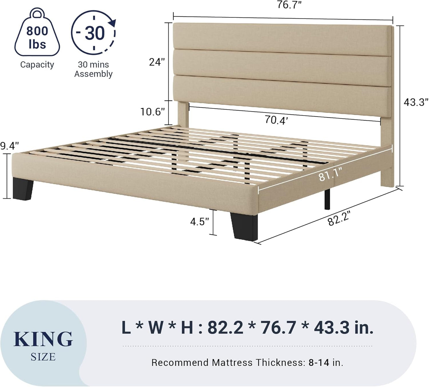 King Size, Platform Bed Frame with Fabric Upholstered and Wooden Slats Support, /No Box Spring Needed