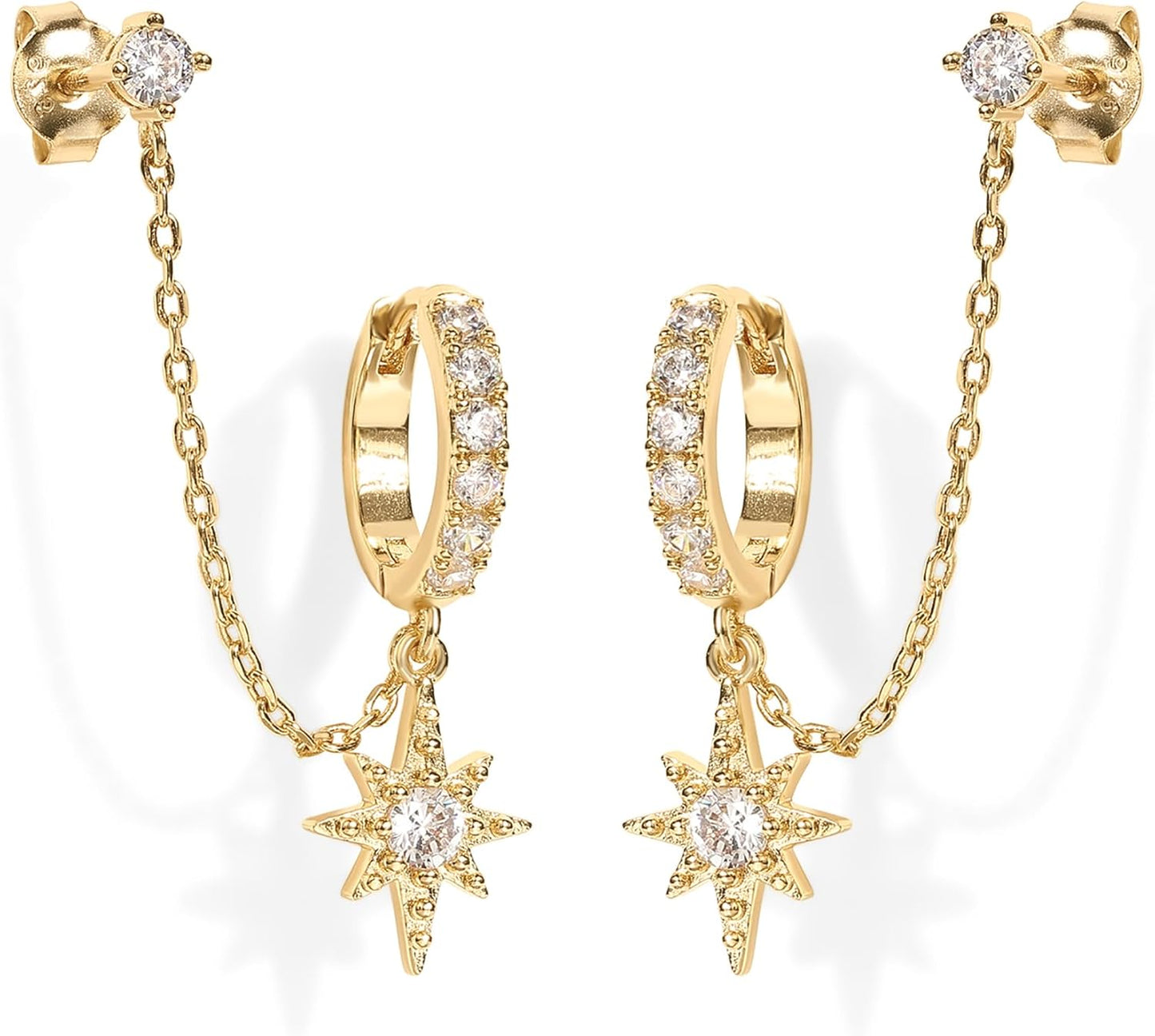 14K Gold Chain Earrings for Women | Double Piercing Dangle Chain Huggie Hoop Earrings | Cubic Zirconia Pearl Stud Ear Cuff Earrings for Women