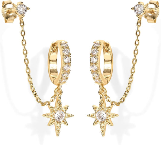 14K Gold Chain Earrings for Women | Double Piercing Dangle Chain Huggie Hoop Earrings | Cubic Zirconia Pearl Stud Ear Cuff Earrings for Women