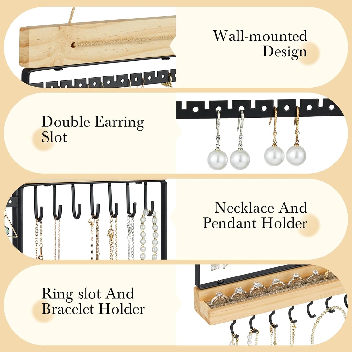 Hanging Jewelry Organizer, 5-Tier Wall Earring Holder with Wooden Ring Groove, Jewelry Rack Wall Mounted