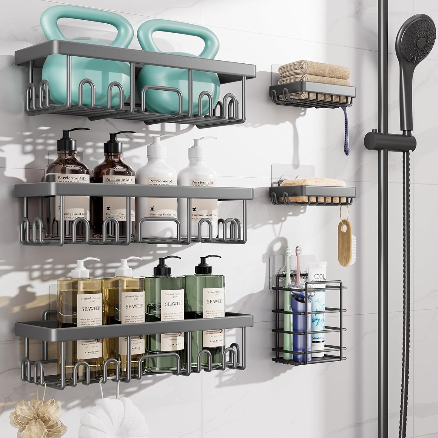 Shower Caddy 6-Pack, No Drilling Adhesive Shelves, Rack with Soap Holder,  Organizers and Storage