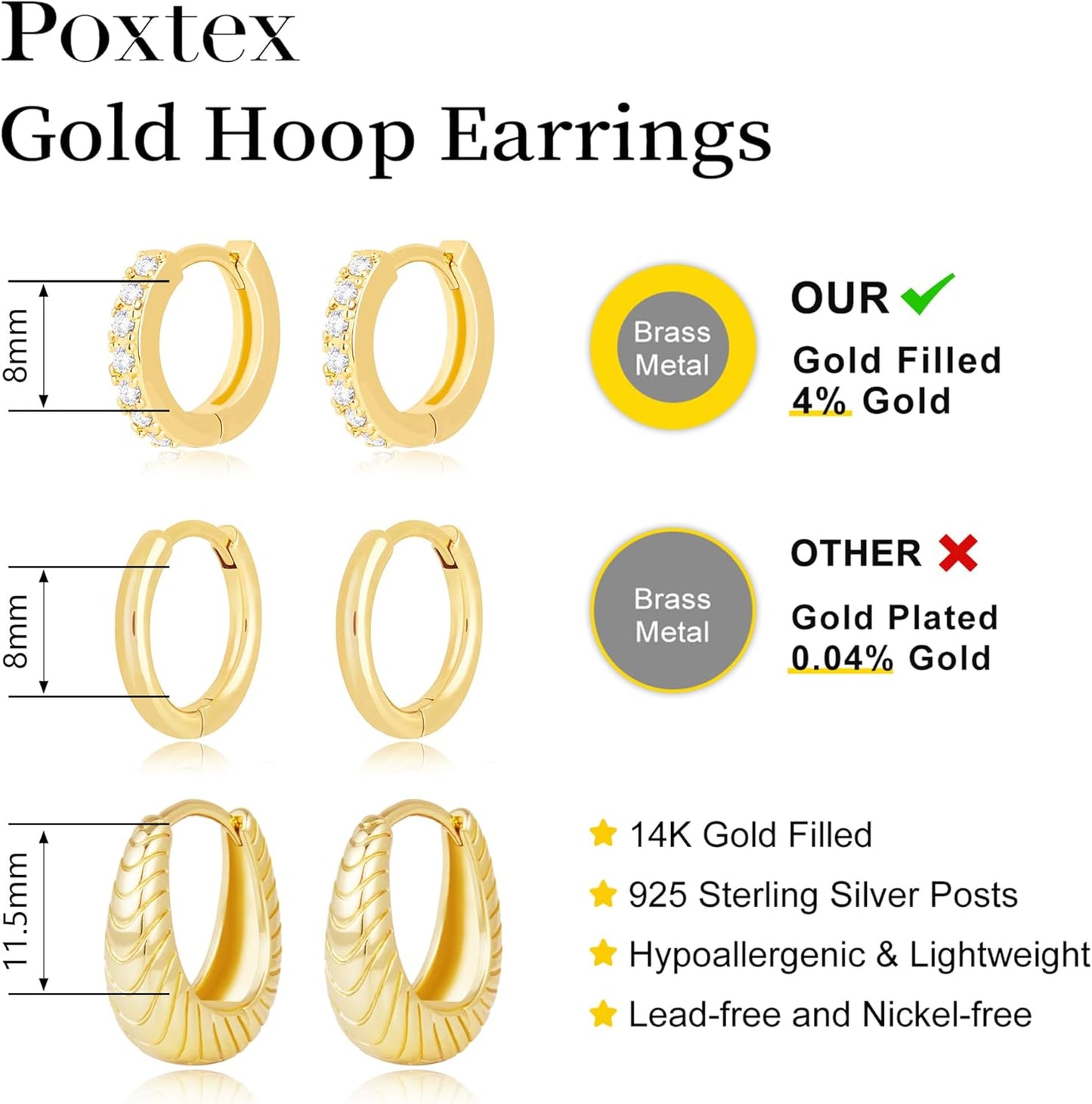 Small Sterling Silver Huggie Hoop Earrings Set for Women, 14K Gold Plated Hoops Stacks for Multiple Piercings