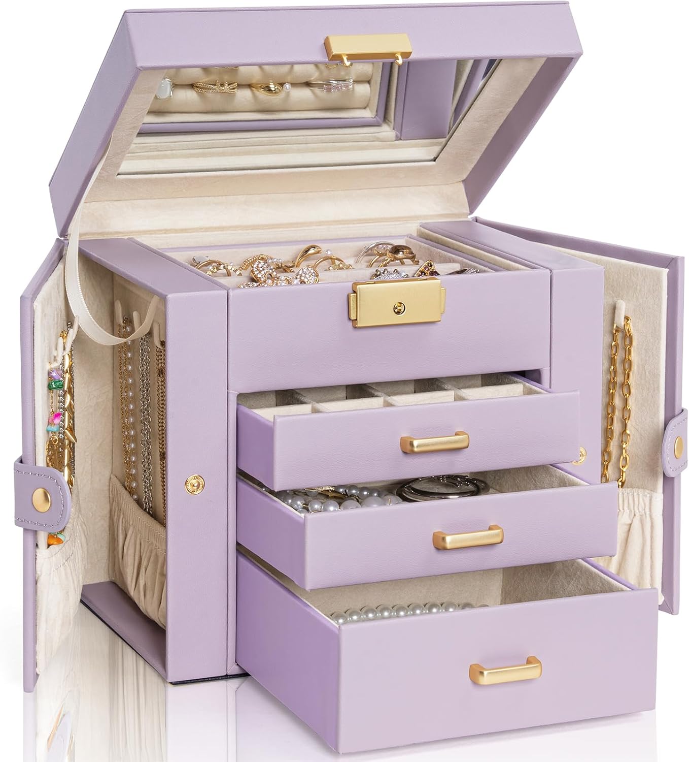 4-Tier Jewelry Box Leather Jewelry Storage Organizer with 3 Drawers Lockable