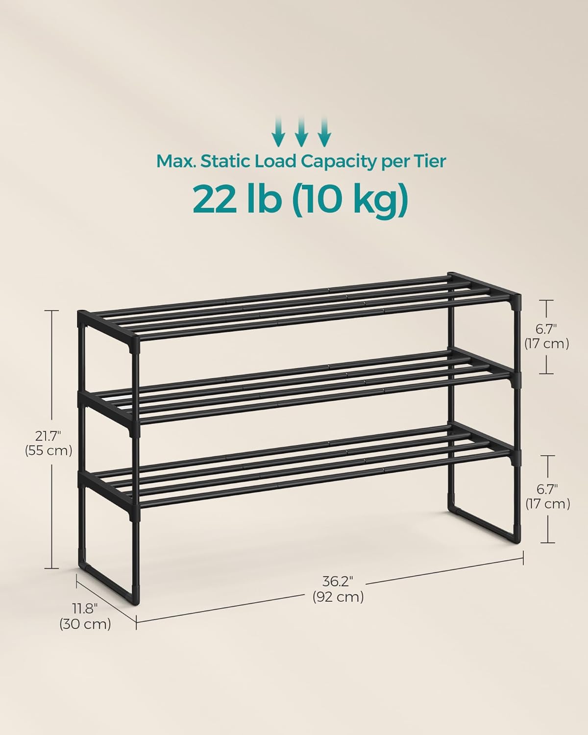 3-Tier Shoe Organizer, Metal Storage Shelf, for 16-20 Pairs, Stackable, for Entryway