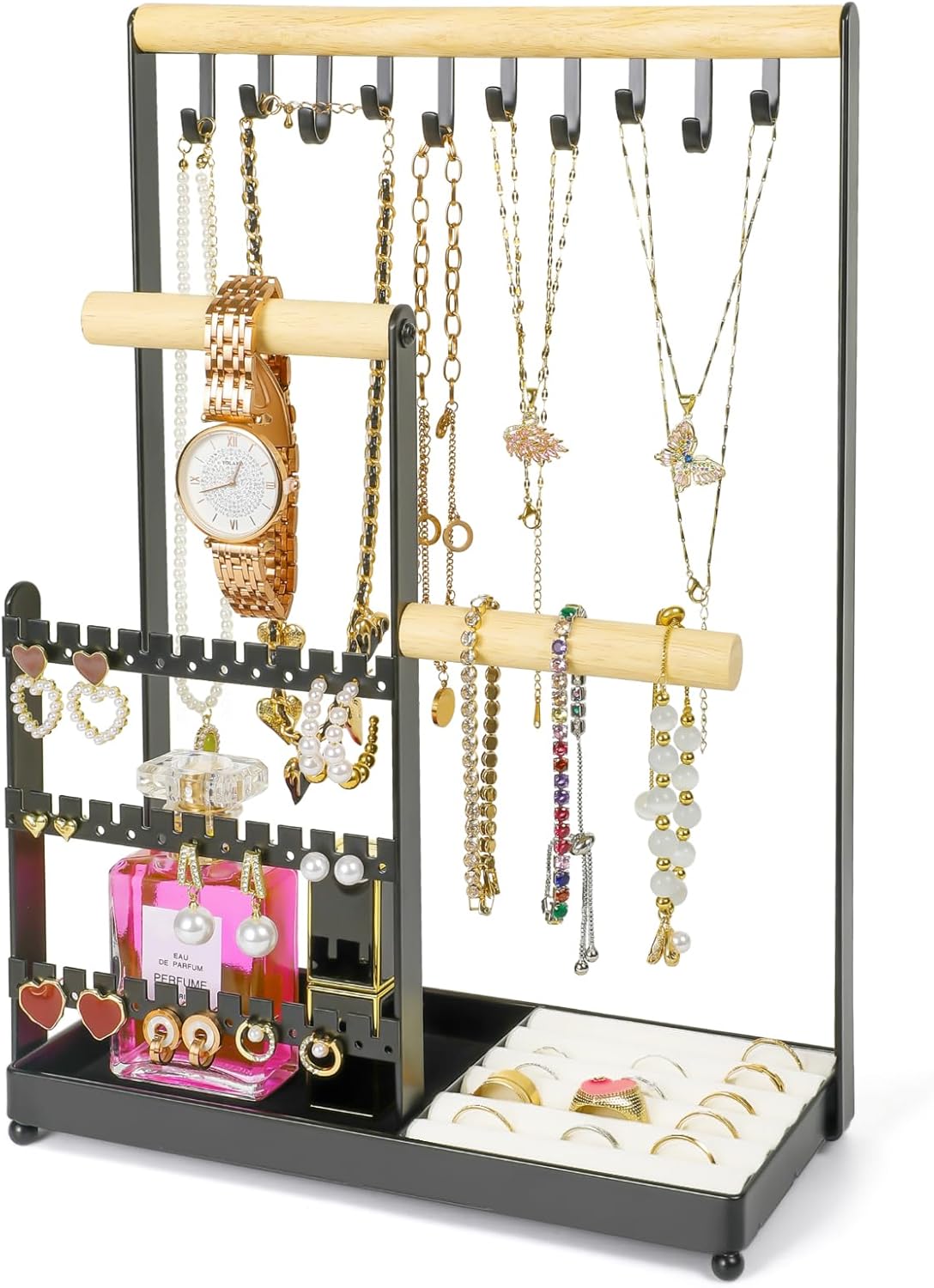 Jewelry Display Rack with 36 Holes Earring Holder, 10 Hooks Necklace Organizer, Velvet Ring Holder Dish