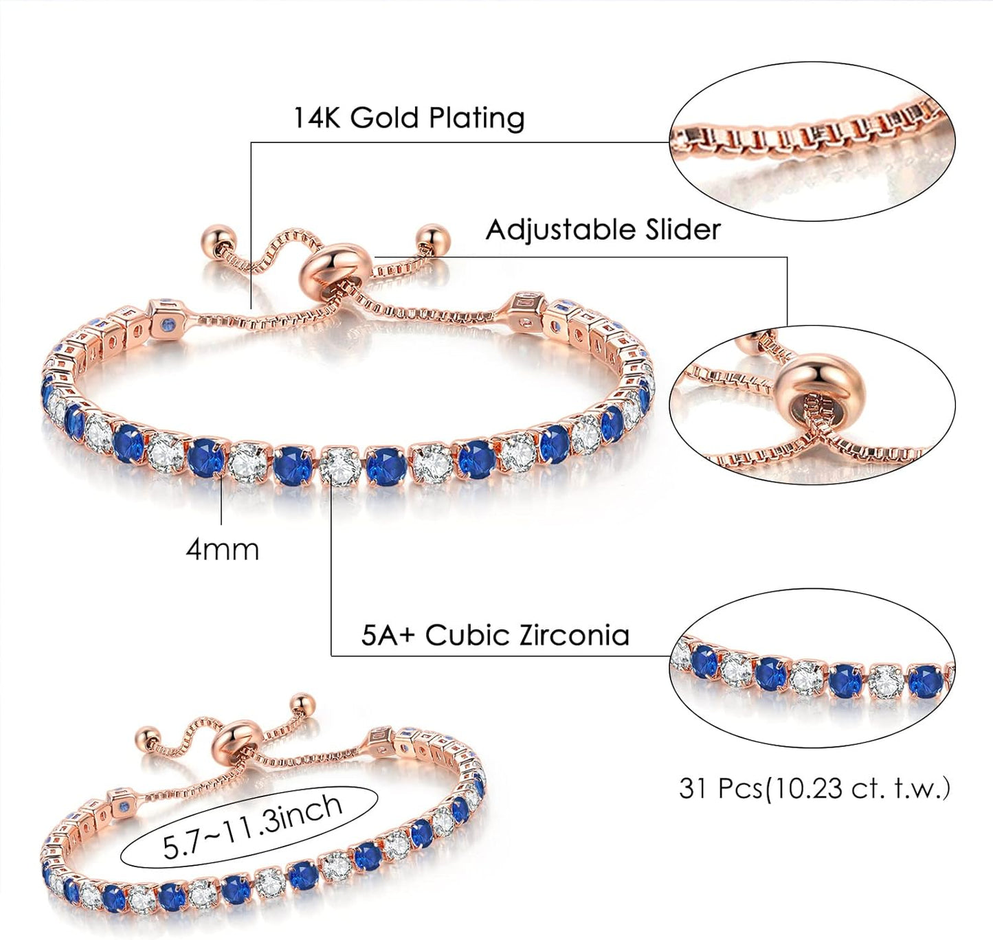 Tennis Bracelets for Women White Gold Plated Diamond AAA+ Cubic Zirconia CZ Dainty Classic Adjustable Slider
