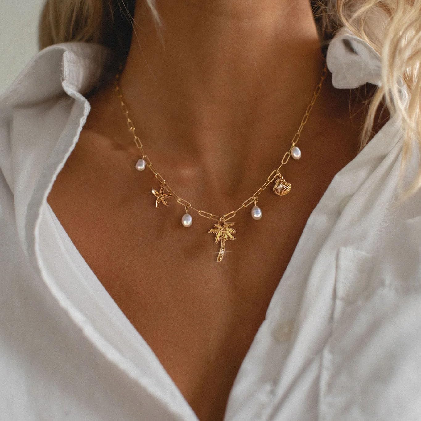 Dainty Gold Beach Charm Necklace With Shell & Starfish Pendant - Non-Tarnish Summer Jewelry Gift For Women