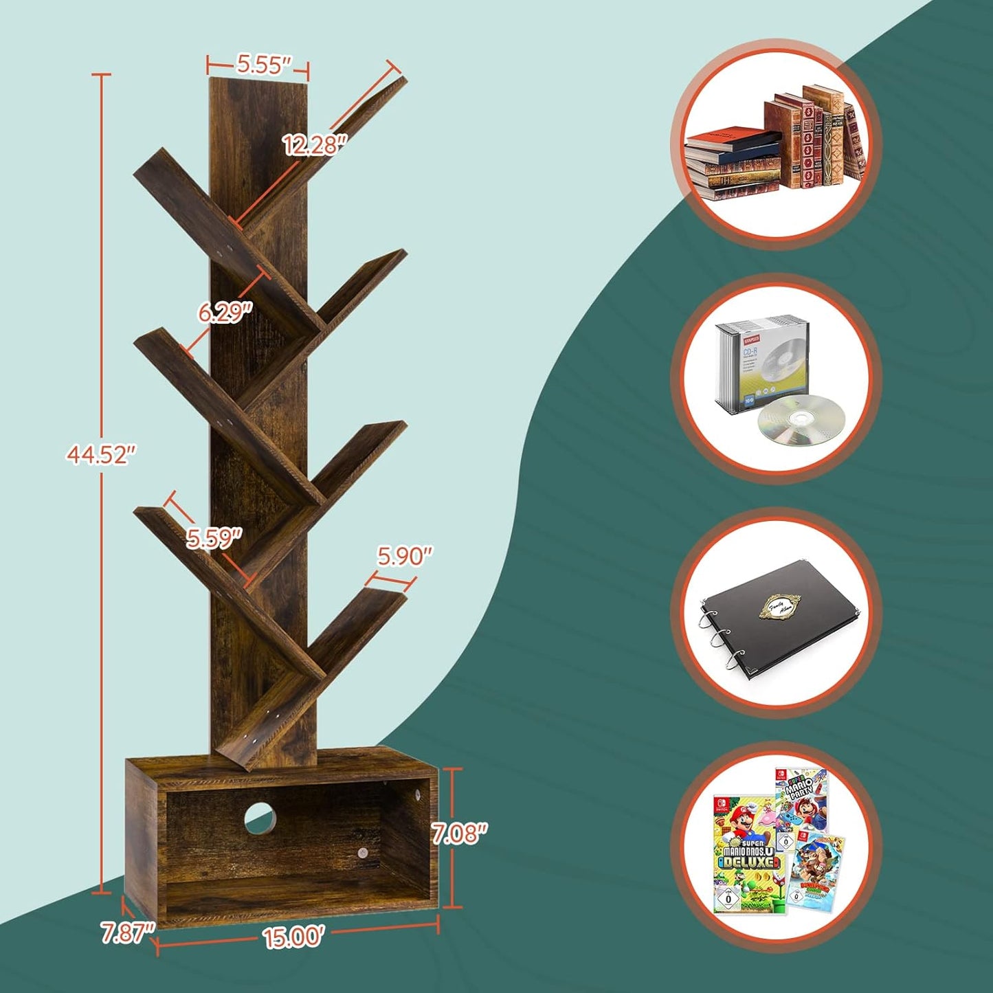 Tree Bookshelf - 6 Shelf Retro Floor Standing Bookcase,  Utility Book Organizer Shelves