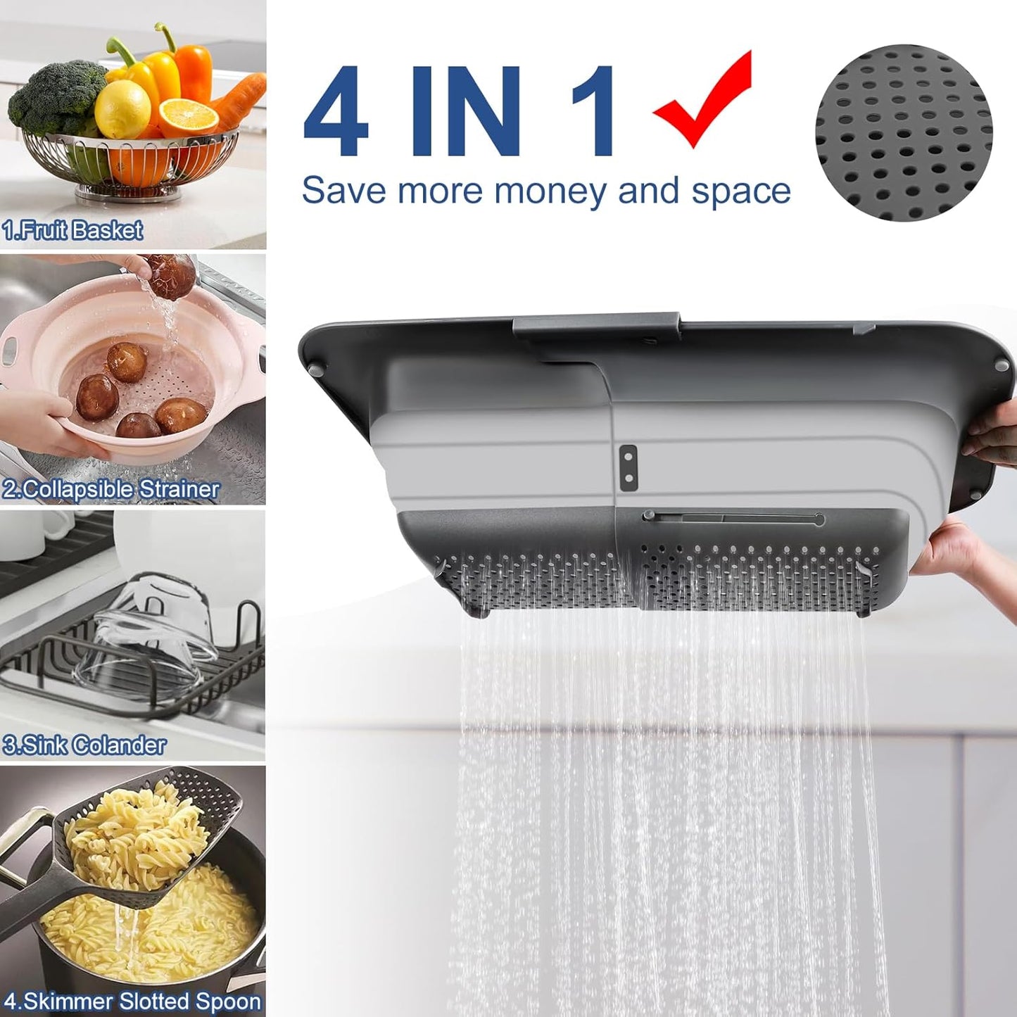 Collapsible Colander Strainer, Expandable Over the Sink Colander for Kitchen, Adjustable Silicone Sink Strainer