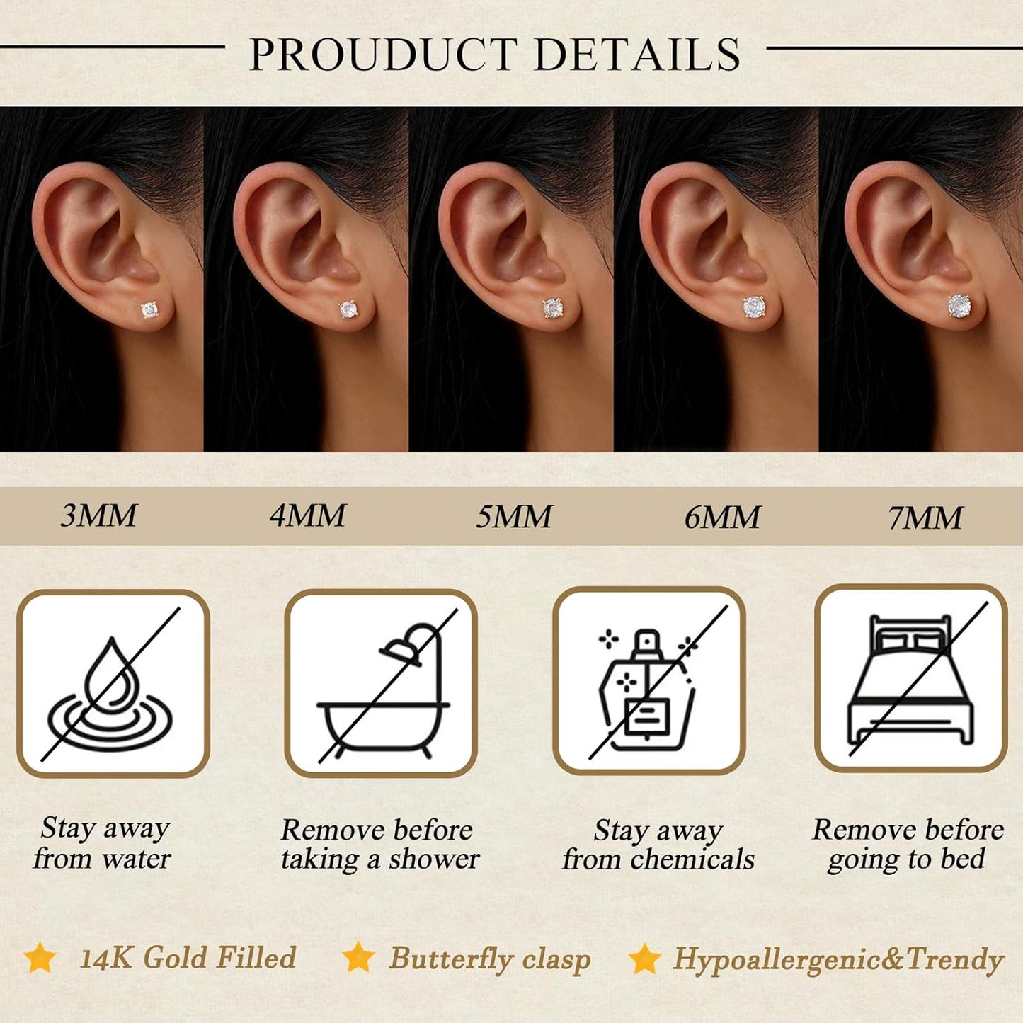 5 Pairs 14K Gold Plated Stud Earrings for Women, Hypoallergenic Earring Sets for Multiple Piercing, Premium Cubic Zirconia Studs
