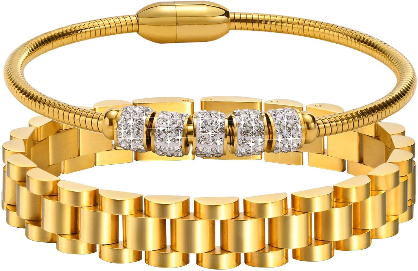 2pcs Gold Chain Link Bracelet, Stainless Steel Crystal Friendship Bracelets Bangle,Watch Band Chains Wristband