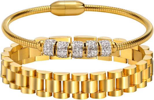 2pcs Gold Chain Link Bracelet, Stainless Steel Crystal Friendship Bracelets Bangle,Watch Band Chains Wristband